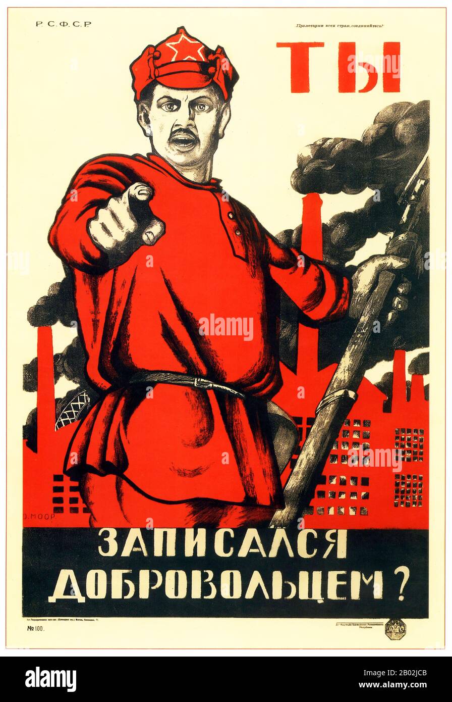 Die Russische Revolution ist der Sammelbegriff für eine Reihe von Revolutionen in Russland im Jahr 1917, die die zaristische Autokratie abbauten und zur Entstehung der Russischen SFSR führten. Der Zar wurde zur Abdankung gezwungen, und das alte Regime wurde während der ersten Revolution vom Februar 1917 (März im gregorianischen Kalender; der ältere julianische Kalender war damals in Russland in Gebrauch) durch eine provisorische Regierung ersetzt. In der zweiten Revolution im Oktober wurde die Provisorische Regierung abgesetzt und durch eine bolschewistische (kommunistische) Regierung ersetzt. Stockfoto