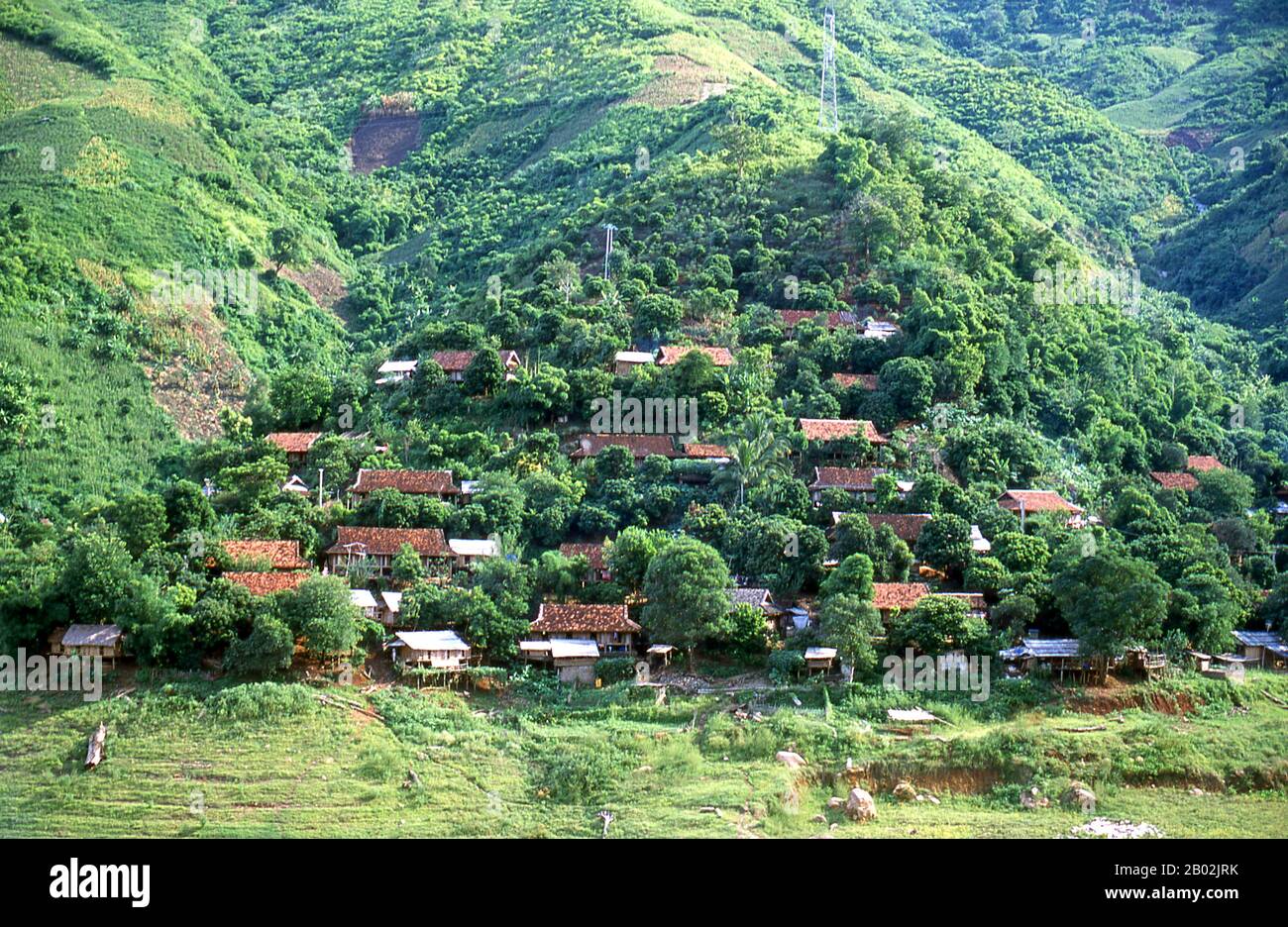 In den engen Bergtälern der Provinzen Son La, Dien Bien und Lai Chau in Nordvietnamesen bleiben die Tai eine sehr spürbare und selbstbewusste Minderheit. Sie sind in weiße Tai- und Schwarze Tai-Gemeinden unterteilt, während weiter südlich, an der Lao-Grenze in Thanh Hoa und Nghe An Provinzen, Red Tai überwiegen. Diese Untergruppen zeichnen sich durch das Kleid ihrer Frauen aus. Vietnams Tai sind Menschen der Bergtäler. Nasse Reisfelder anbauend sind sie relativ wohlhabend und genießen mehr Sicherheit und einen deutlich höheren Lebensstandard als die Menschen auf den Berghängen. Sie sind Kult Stockfoto