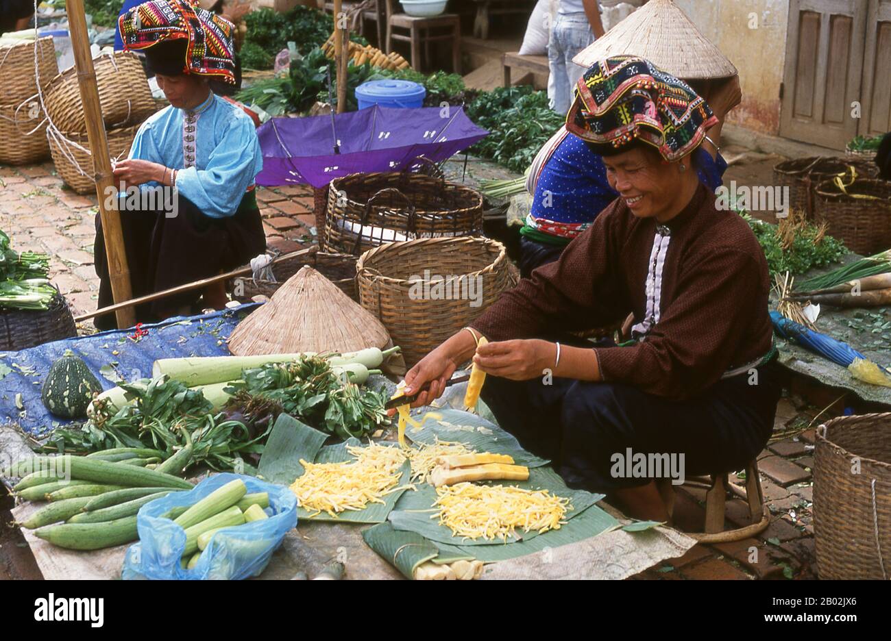 In den engen Bergtälern der Provinzen Son La, Dien Bien und Lai Chau in Nordvietnamesen bleiben die Tai eine sehr spürbare und selbstbewusste Minderheit. Sie sind in weiße Tai- und Schwarze Tai-Gemeinden unterteilt, während weiter südlich, an der Lao-Grenze in Thanh Hoa und Nghe An Provinzen, Red Tai überwiegen. Diese Untergruppen zeichnen sich durch das Kleid ihrer Frauen aus. Vietnams Tai sind Menschen der Bergtäler. Nasse Reisfelder anbauend sind sie relativ wohlhabend und genießen mehr Sicherheit und einen deutlich höheren Lebensstandard als die Menschen auf den Berghängen. Sie sind Kult Stockfoto