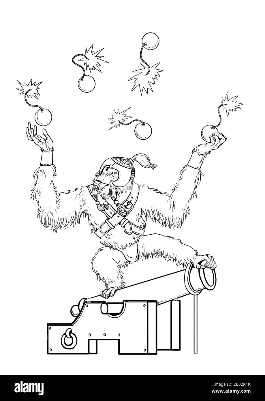 Orang-Utan auf der Kanonenfärbeseite. Darstellung der Cliparts umreißen. Affen und Affen Piraten färben Blatt. Stockfoto