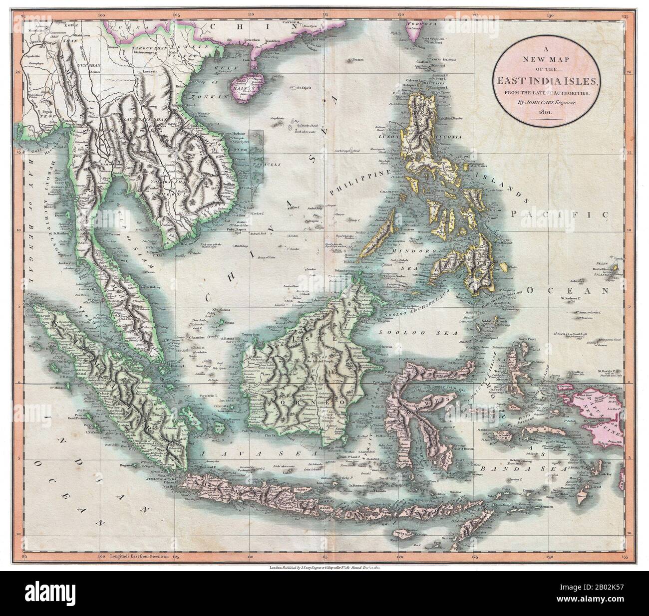 Karte des südostasiatischen Festlandes, einschließlich Birma/Myanmar, Lan Na (heute Nordthailand), Siam (Thailand), Laos, Kambodscha, Vietnam, Champa, Malaya, Indonesien und den Philippinen. Die Insel Pulau Pinang/Penang wird als britisch (um das Jahr 8986/89621) und die Paracels-Inseln (V. Hoàng Sa, Kap. Xi Sha) sind eindeutig Vietnamesen. Stockfoto