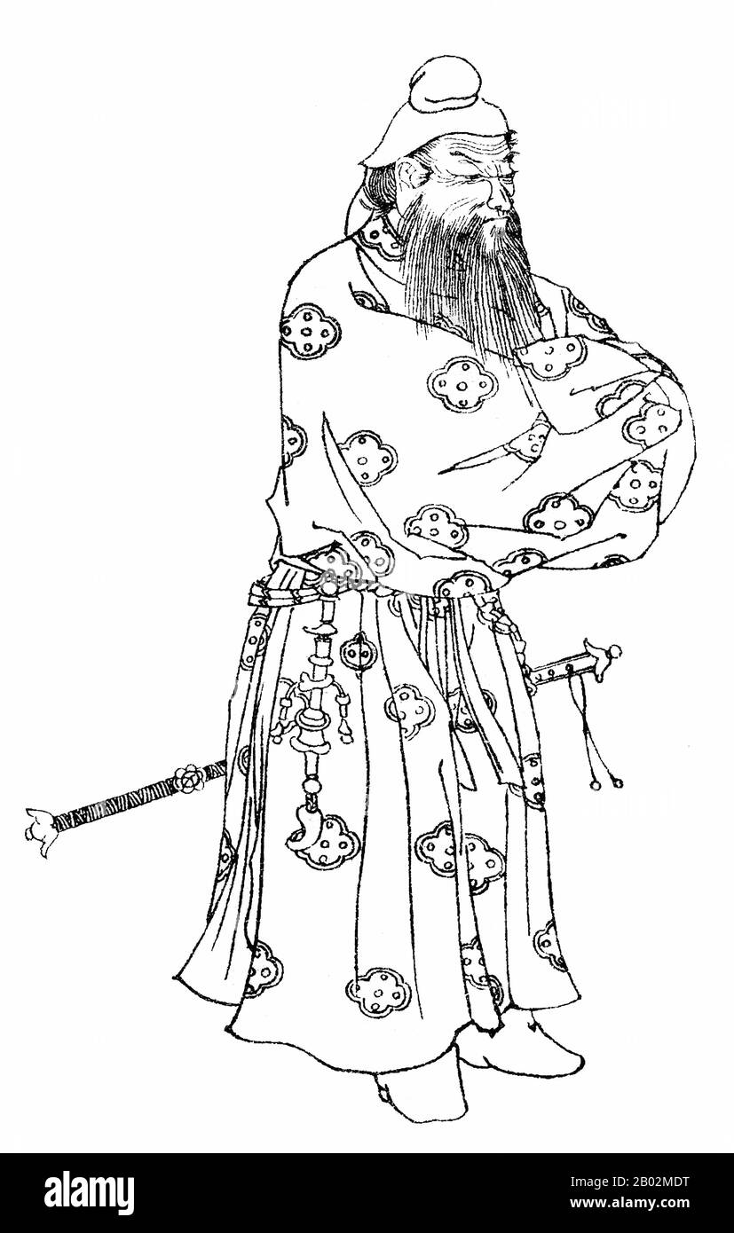 Takenouchi no Sukune (武内宿禰) oder Takeshiuchi no Sukune war ein legendärer japanischer Heldenstatter und ist ein Shinto-Kami. Takenouchi no Sukune war angeblich der Sohn von Prinzessin Kagehime und soll Enkel des kaiserlichen Prinzen Hikofutódhimakoto no Mikoto sein. Auch von Kaiser Kōgen abstammend, diente Takenouchi no Sukune unter fünf legendären Kaisern, Kaiser Keikō, Kaiser Seimu, Kaiser Chūai, Kaiser Ōjin und Kaiser Nintoku, war aber vielleicht am bekanntesten für seinen Dienst als Großminister an dem Regenten Jingu, mit dem er angeblich in Korea einmarschierte. Während Jingu Regent ihres Sohnes Ojin, Takeno, war Stockfoto