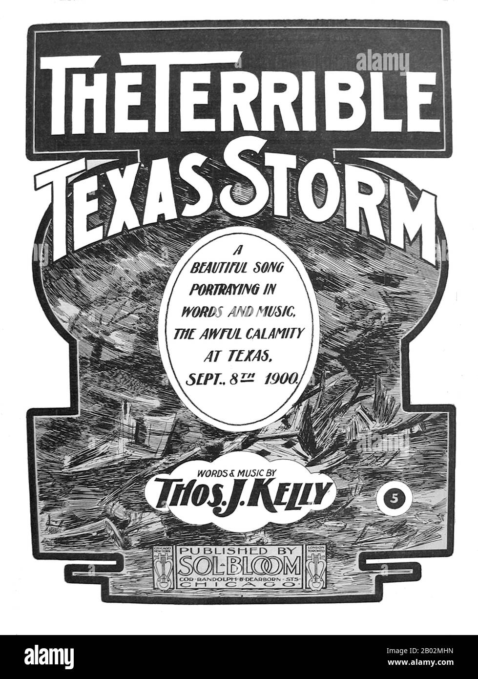 Der Hurrikan von 1900 machte am 8. September 1900 in der Stadt Galveston, Texas, in den Vereinigten Staaten Landfall. Sie hatte bei Landfall Windgeschwindigkeiten von 145 Meilen pro Stunde (233 km/h) geschätzt, was sie zu einem Sturm der Kategorie 4 auf der Saffir-Simpson-Hurrikan-Skala machte. Es war der tödlichste Hurrikan der US-Geschichte. Der Hurrikan verursachte mit der geschätzten Zahl der Todesopfer zwischen 6.000 und 12.000 Personen einen großen Verlust an Leben; die in offiziellen Berichten am meisten zitierte Zahl liegt bei 8.000, was dem Sturm nach dem Großen Hurrikan von 1780-98 Hurrica die dritthöchste Anzahl an Toten oder Verletzungen eines atlantischen Hurrikans bescherte Stockfoto