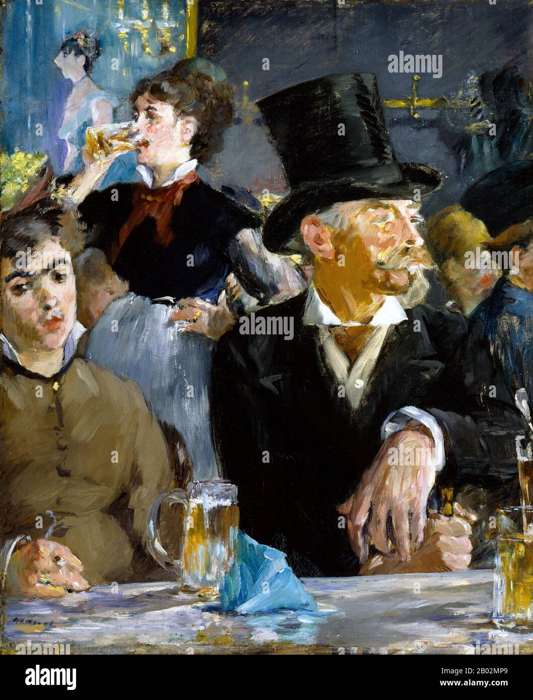 Der impressionistische Maler Édouard Manet nahm oft Cafészenen auf, die das soziale Leben am Ende des neunzehnten Jahrhunderts darstellen, wie es in diesem Gemälde, Dem Café-Konzert, dargestellt ist. Die Kulisse wurde als Brasserie Reichshoffen am Boulevard Rochechouart identifiziert. Manet zeigt uns Männer und Frauen in den neuen Brasserien und Cafés von Paris, die dem Betrachter einen alternativen Blick auf das neue Pariser Leben bieten. Manet behauptete, er habe "es oeuvres Aufrichtiges" oder "sinkere Werke" gemalt. Die Frauen, die in diesen Szenen dargestellt wurden, umworben gewisse Risiken in Bezug auf Wahrnehmung und Moral. In, Die Café-Co Stockfoto
