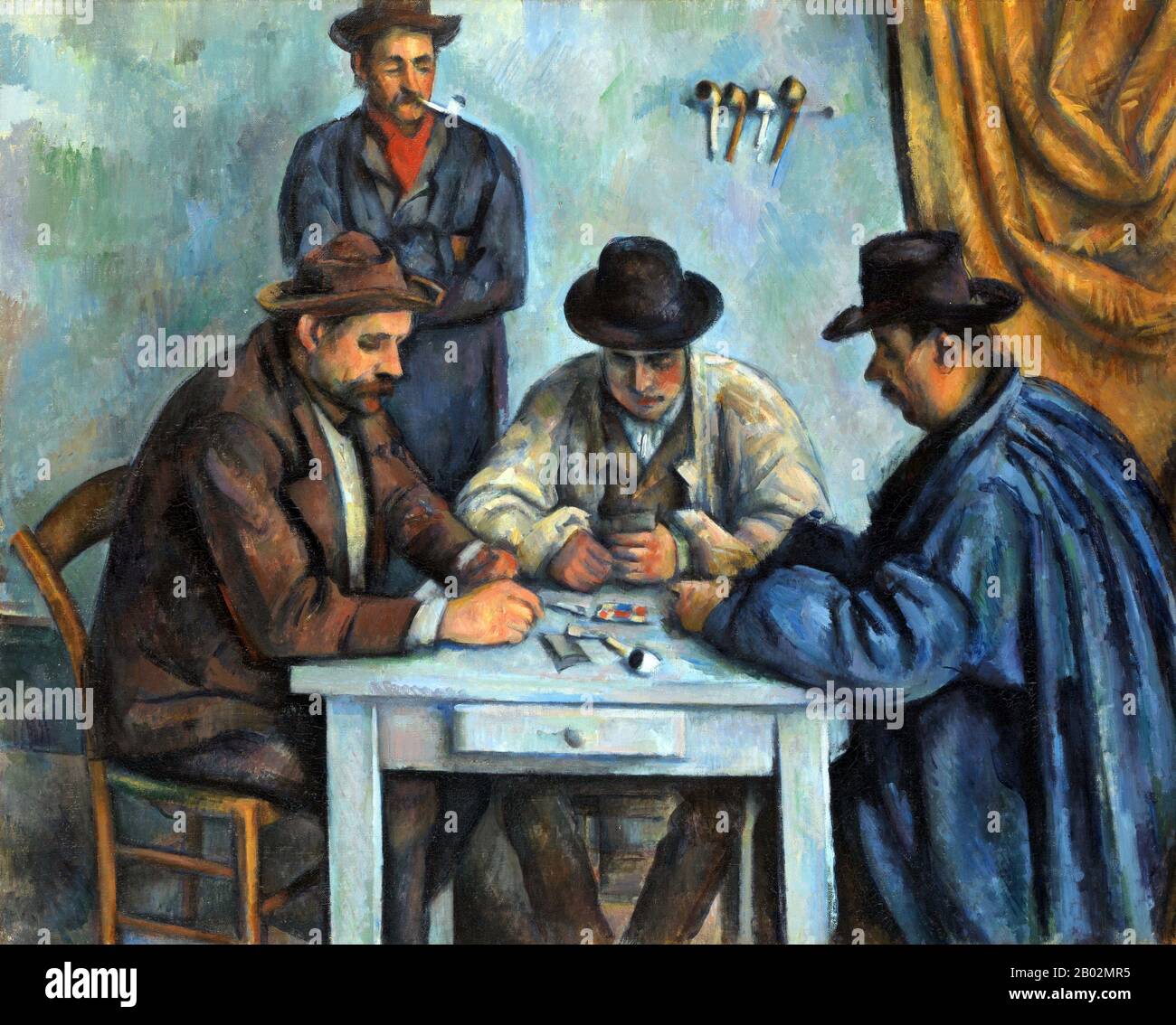 The Card Players ist eine Serie von Ölbildern des französischen Post-Impressionisten Paul Cézanne. Gemalt während Cézannes Endzeit Anfang der 1890er Jahre, gibt es fünf Gemälde in der Serie. Die Versionen variieren in der Größe und in der Anzahl der abgebildeten Spieler. Cézanne hat auch zahlreiche Zeichnungen und Studien zur Vorbereitung der Card-Player-Serie abgeschlossen. Eine Version Der Kartenspieler wurde 2011 an die Royal Family of Qatar zu einem Preis verkauft, der unterschiedlich auf 250 bis 300 Millionen Dollar geschätzt wurde und damit das teuerste Kunstwerk ist, das jemals verkauft wurde. Stockfoto