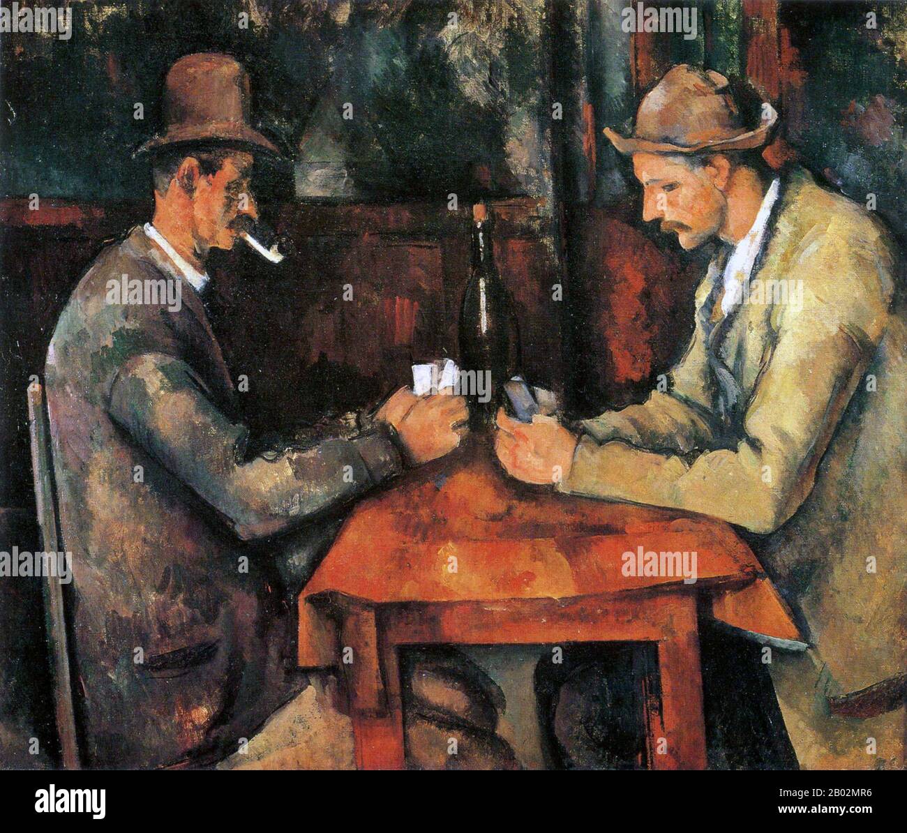 The Card Players ist eine Serie von Ölbildern des französischen Post-Impressionisten Paul Cézanne. Gemalt während Cézannes Endzeit Anfang der 1890er Jahre, gibt es fünf Gemälde in der Serie. Die Versionen variieren in der Größe und in der Anzahl der abgebildeten Spieler. Cézanne hat auch zahlreiche Zeichnungen und Studien zur Vorbereitung der Card-Player-Serie abgeschlossen. Eine Version Der Kartenspieler wurde 2011 an die Royal Family of Qatar zu einem Preis verkauft, der unterschiedlich auf 250 bis 300 Millionen Dollar geschätzt wurde und damit das teuerste Kunstwerk ist, das jemals verkauft wurde. Stockfoto
