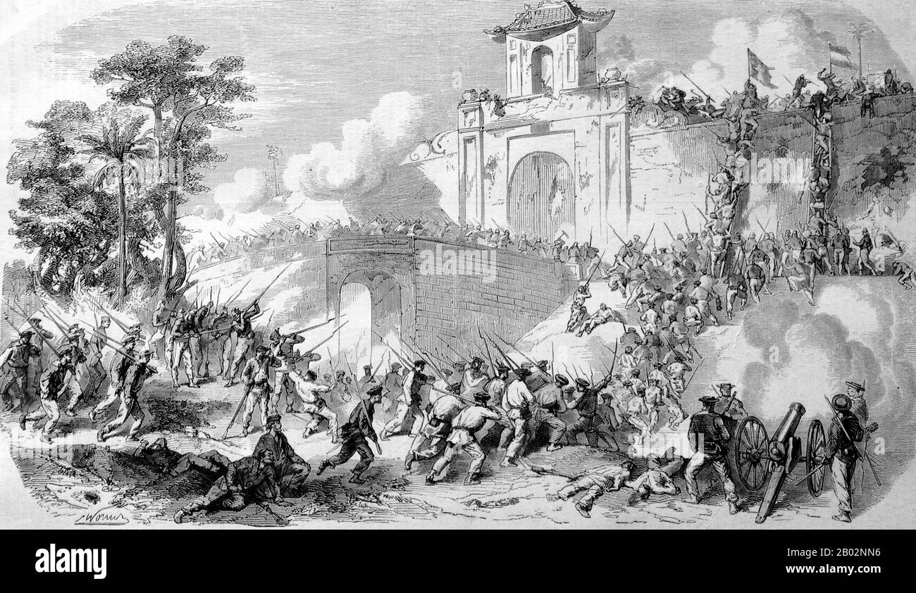 Die Belagerung von Saigon, eine zweijährige Belagerung der Stadt durch die Vietnamesen nach ihrer Einnahme am 17. Februar 1859 durch eine französisch-spanische Flotte unter dem Kommando des französischen Admirals Charles Rigault de Genouilly, war eine der Hauptveranstaltungen der Eroberung von Cochinchina (1858-62). Saigon war von großer strategischer Bedeutung, sowohl als das wichtigste Lebensmittelerzeugergebiet Vietnams als auch als Tor zu Cochinchina. Stockfoto