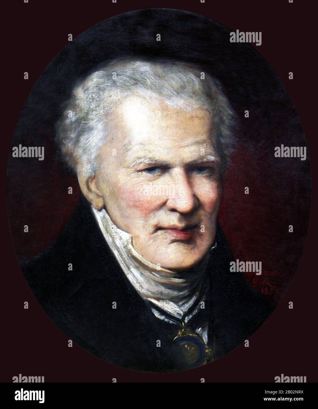Friedrich Wilhelm Heinrich Alexander von Humboldt war ein preussischer Geograph, Naturforscher und Entdecker und der jüngere Bruder des preussischen Ministers, Philosophen und Sprachwissenschaftlers Wilhelm von Humboldt (1767-1835). Die quantitative Arbeit von Humboldt zur botanischen Geographie legte den Grundstein für den Bereich der Biogeographie. Zwischen den Jahren von 1799 und 1804 reiste Humboldt ausgiebig in Lateinamerika, erkundete und beschrieb es erstmals aus moderner wissenschaftlicher Sicht. Seine Beschreibung der Reise wurde in einer enormen Menge von über 21 Jahren geschrieben und veröffentlicht. Er war einer der FI Stockfoto