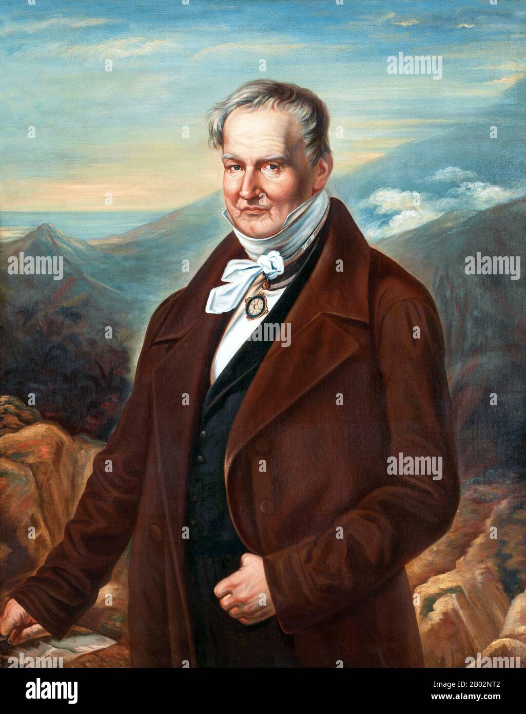 Friedrich Wilhelm Heinrich Alexander von Humboldt war ein preussischer Geograph, Naturforscher und Entdecker und der jüngere Bruder des preussischen Ministers, Philosophen und Sprachwissenschaftlers Wilhelm von Humboldt (1767-1835). Die quantitative Arbeit von Humboldt zur botanischen Geographie legte den Grundstein für den Bereich der Biogeographie. Zwischen den Jahren von 1799 und 1804 reiste Humboldt ausgiebig in Lateinamerika, erkundete und beschrieb es erstmals aus moderner wissenschaftlicher Sicht. Seine Beschreibung der Reise wurde in einer enormen Menge von über 21 Jahren geschrieben und veröffentlicht. Er war einer der FI Stockfoto