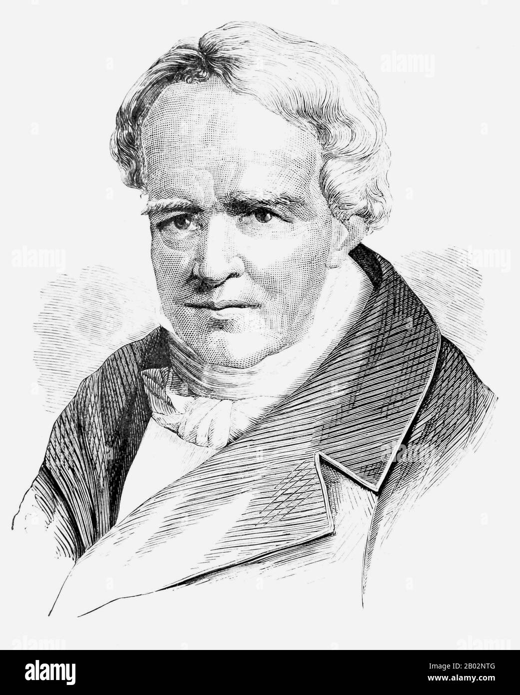Friedrich Wilhelm Heinrich Alexander von Humboldt war ein preussischer Geograph, Naturforscher und Entdecker und der jüngere Bruder des preussischen Ministers, Philosophen und Sprachwissenschaftlers Wilhelm von Humboldt (1767-1835). Die quantitative Arbeit von Humboldt zur botanischen Geographie legte den Grundstein für den Bereich der Biogeographie. Zwischen den Jahren von 1799 und 1804 reiste Humboldt ausgiebig in Lateinamerika, erkundete und beschrieb es erstmals aus moderner wissenschaftlicher Sicht. Seine Beschreibung der Reise wurde in einer enormen Menge von über 21 Jahren geschrieben und veröffentlicht. Er war einer der FI Stockfoto