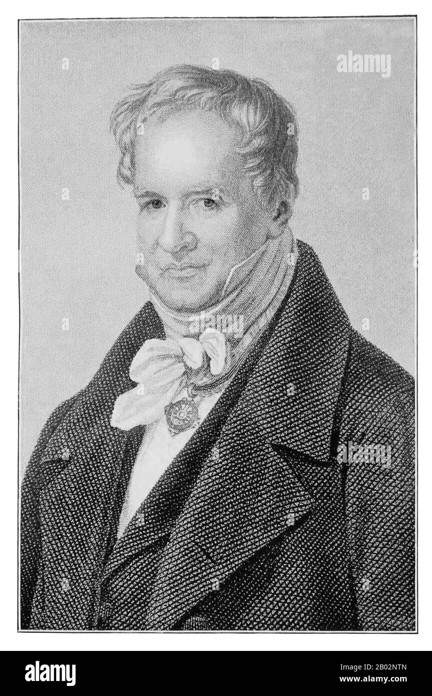 Friedrich Wilhelm Heinrich Alexander von Humboldt war ein preussischer Geograph, Naturforscher und Entdecker und der jüngere Bruder des preussischen Ministers, Philosophen und Sprachwissenschaftlers Wilhelm von Humboldt (1767-1835). Die quantitative Arbeit von Humboldt zur botanischen Geographie legte den Grundstein für den Bereich der Biogeographie. Zwischen den Jahren von 1799 und 1804 reiste Humboldt ausgiebig in Lateinamerika, erkundete und beschrieb es erstmals aus moderner wissenschaftlicher Sicht. Seine Beschreibung der Reise wurde in einer enormen Menge von über 21 Jahren geschrieben und veröffentlicht. Er war einer der FI Stockfoto