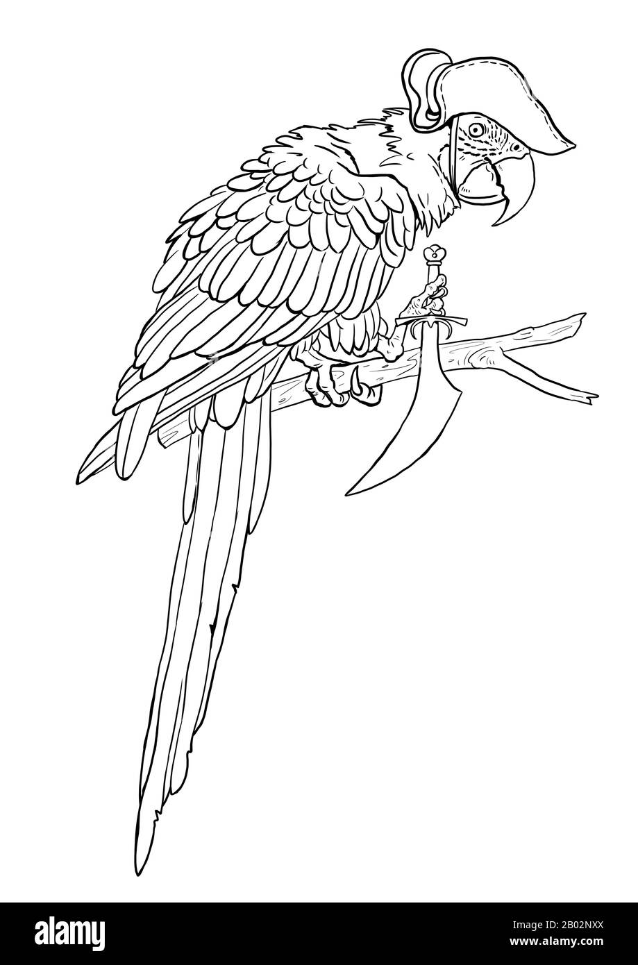 Macaw mit Piratenmesser-Farbseite. Lustige Clipart-Illustration. Farbblatt mit Papagei. Stockfoto