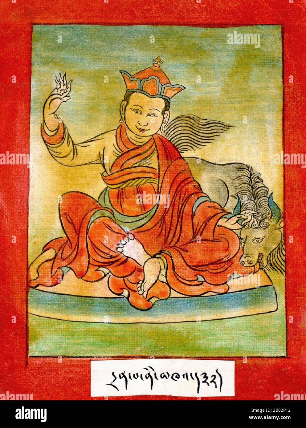 Drenpa Namkha wird sowohl von der buddhistischen als auch von der Bön-Tradition als wichtige religiöse Persönlichkeit beansprucht. Die Quellen, die über das Leben von Drenpa Namkha sprechen, sind sehr unterschiedlich, auch innerhalb einer einzigen Tradition: Innerhalb der Bön-Quellen wird angenommen, dass es einen Meister mit dem Namen Drenpa Namkha in Zhang Zhung und einen in Tibet gibt, obwohl seine Existenz nie in Frage gestellt wird. Sicher ist wenig bekannt. Nach buddhistischen Quellen war Drenpa Namkha zunächst ein Bönmeister, der zum Buddhismus konvertierte. Später wurde er einer der fünfundzwanzig Schüler Padmasambhavas, und er soll die yogische Macht des Seins gewonnen haben Stockfoto
