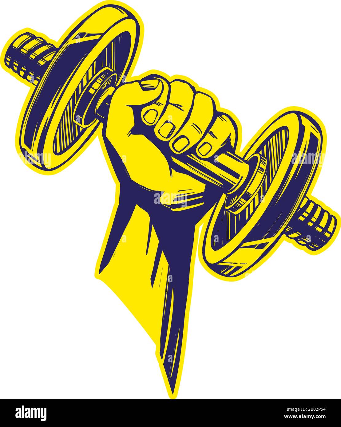 Arm, starke Hand, die eine Hantelglocke hält, Symbol Cartoon Hand gezeichnete Vektorgrafik Skizze. Stock Vektor