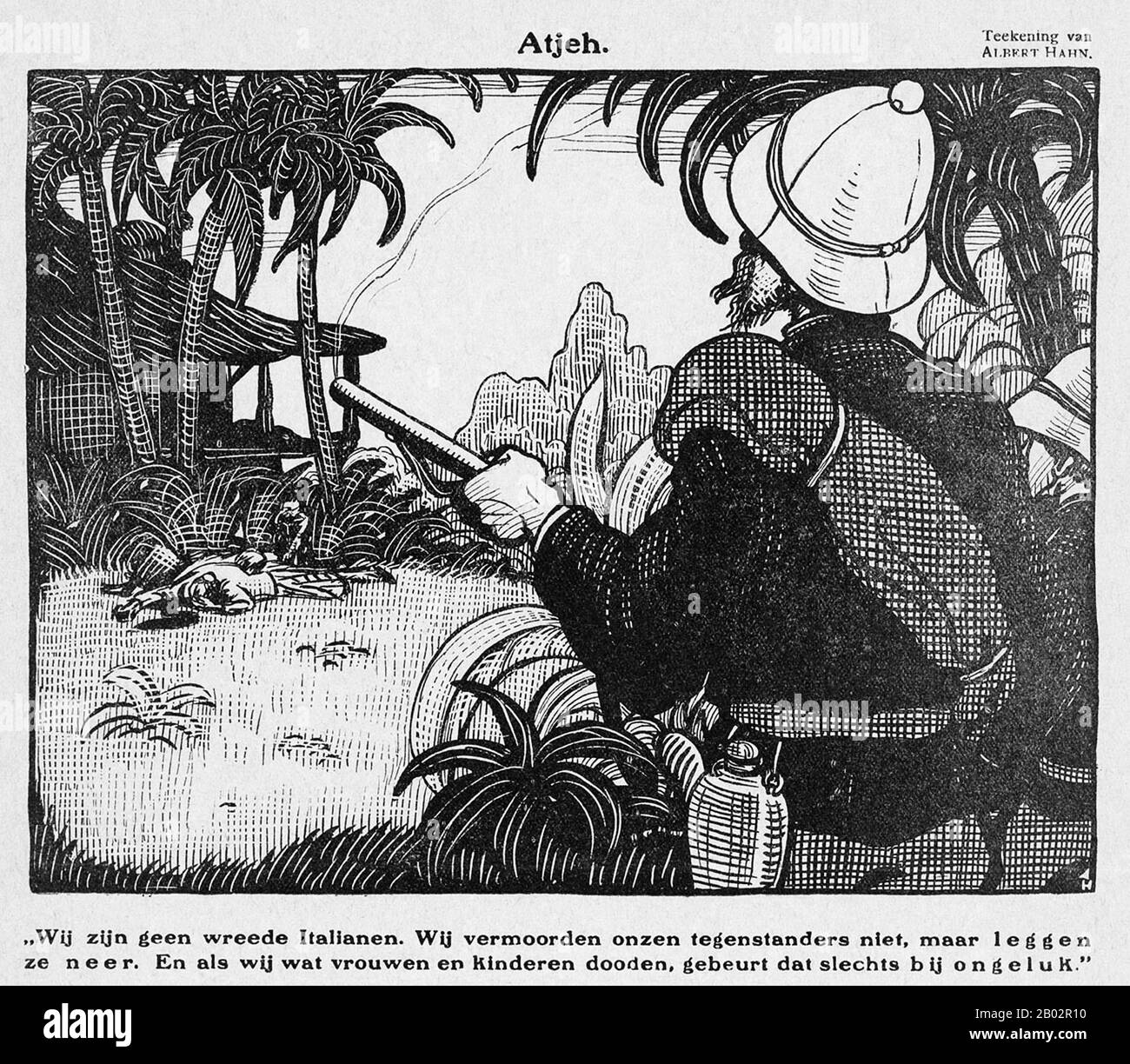 In dieser politischen Skizze von Albert Hahn aus dem Jahr 1912 befragt ein niederländischer Soldat eine von ihm gerade getötete Acehnee-Familie. Der folgende Text lautet: "Wij zijn geen wreede italianen. Wij vermoorden onzen tegenstanders niet, maar leggen ze neer. En als wij wat vrouwen en kinderen dooden, gebeurt dat slechts bij ongeluk", oder "Wir sind keine grausamen Italiener. Wir ermorden unsere Feinde, aber wir begraben sie. Und was Frauen und Kinder betrifft, so geschieht das nur zufällig." Der Aceh-Krieg, auch als holländischer Krieg oder Infidelkrieg (zwischen den Jahren zwischen den Jahren zwischen den Jahren zwischen den Jahren zwischen dem Sultanat Aceh und den Niederlanden w bekannt Stockfoto