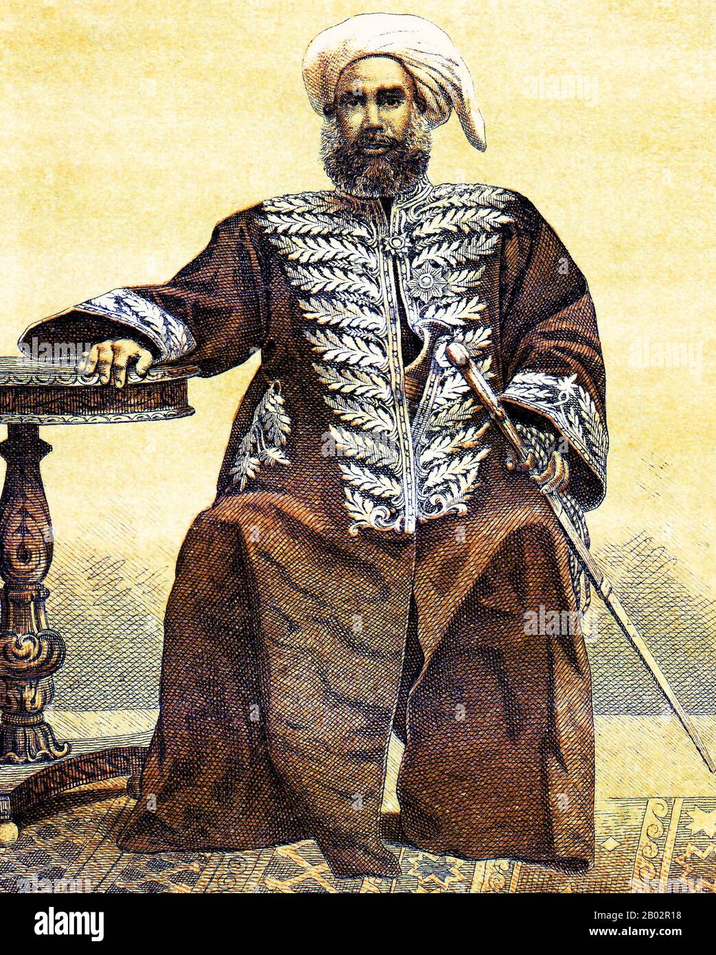 Habib Abdurrahman al-Zahir war ein jemenitischer Araber aus der Hadramaut-Region, der als Vizir dem Sultan Alauddin Ibrahim Mansur Syah von Aceh (r. 1857-1870). Nach dessen Tod diente Az-Zahir eine Zeit lang als de-facto-Regent, bevor er nach Istanbul reiste, um sich um osmanisch-türkische Unterstützung für Aceh gegen die Niederländer zu bemühen. Die Türken versprachen jedoch nur moralische Unterstützung, und al-Zahir kehrte nach Aceh zurück, wo er eine neue Rolle als Militärkommandeur gegen die Niederländer im Dienste von Sultan Alauddin Muhammad da'ud Syah II. Übernahm (r. 1875-1903). Im Jahr 1878 wurde der Sultan (wenn auch keineswegs alle Aceh Stockfoto