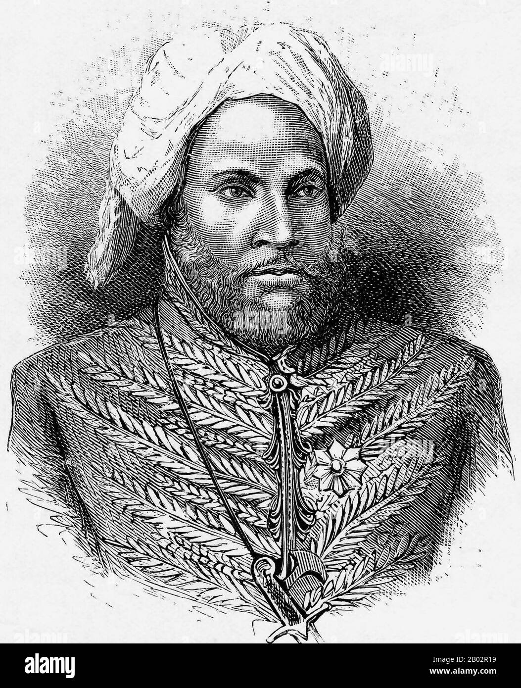 Habib Abdurrahman al-Zahir war ein jemenitischer Araber aus der Hadramaut-Region, der als Vizir dem Sultan Alauddin Ibrahim Mansur Syah von Aceh (r. 1857-1870). Nach dessen Tod diente Az-Zahir eine Zeit lang als de-facto-Regent, bevor er nach Istanbul reiste, um sich um osmanisch-türkische Unterstützung für Aceh gegen die Niederländer zu bemühen. Die Türken versprachen jedoch nur moralische Unterstützung, und al-Zahir kehrte nach Aceh zurück, wo er eine neue Rolle als Militärkommandeur gegen die Niederländer im Dienste von Sultan Alauddin Muhammad da'ud Syah II. Übernahm (r. 1875-1903). Im Jahr 1878 wurde der Sultan (wenn auch keineswegs alle Aceh Stockfoto