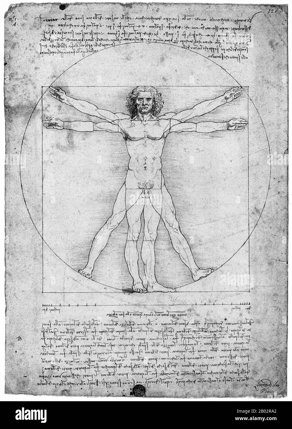 Leonardo di ser Piero da Vinci (15. April 1452 - 2. Mai 1519) war ein italienischer Universalgelehrter, Maler, Bildhauer, Architekt, Musiker, Musiker, Mathematik, Ingenieur, Erfinder, Anatom, Geologe, Kartograf, Botaniker und Schriftsteller. Er gilt weithin als einer der größten Maler aller Zeiten und vielleicht der diversiellste talentierte Mensch, der jemals gelebt hat. Der Vitruvianer Mensch ist eine Zeichnung von Leonardo da Vinci um 1490. Sie wird von Notizen begleitet, die auf der Arbeit des Architekten Vitruvius basieren. Die Zeichnung, die sich in Stift und Tinte auf Papier befindet, zeigt einen Mann in zwei überlagerten Positionen mit seinen Armen Stockfoto