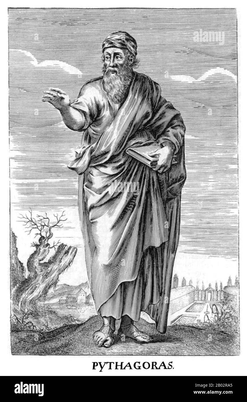 Pythagoras der Samian war ein ionischer griechischer Philosoph, Mathematikhistoriker und Gründer der religiösen Bewegung namens Pythagoreanismus. Die meisten Informationen über Pythagoras wurden Jahrhunderte nach seinem Leben niedergeschrieben, so dass nur sehr wenig verlässliche Informationen über ihn bekannt sind. Er wurde auf der Insel Samos geboren und war möglicherweise in seiner Jugend weit gereist und besuchte Ägypten und andere Orte, die nach Wissen suchten. Pythagoras leistete im späten 6. Jahrhundert v. Chr. einflussreiche Beiträge zur Philosophie und Religion. Er wird oft als großer Mathematikhistoriker, Mystiker und Wissenschaftler verehrt und ist am bekanntesten für die Pyt Stockfoto