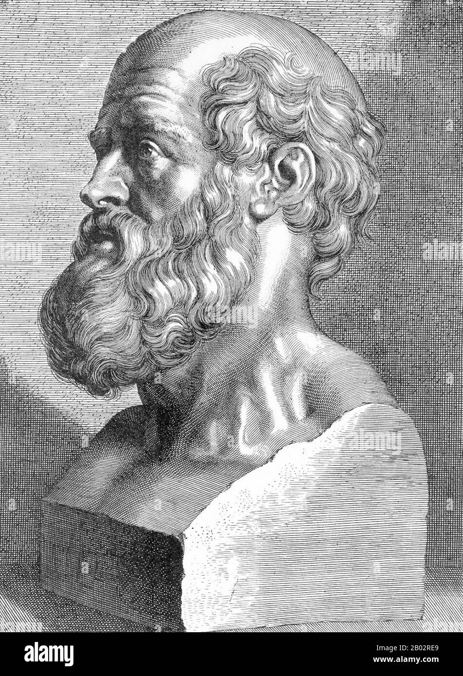 Hippokrates von Kos ( c 460 - ca. 370 v. u. z.), war ein griechischer Mediziner des Alters Perikles (Klassisches Griechenland) und gilt als eine der herausragendsten Persönlichkeiten in der Geschichte der Medizin. Er wird als "Vater der westlichen Medizin" in Anerkennung seiner dauerhaften Beiträge auf dem Gebiet als Gründer der hippokratischen Schule für Medizin bezeichnet. Diese intellektuelle Schule revolutionierte die Medizin im antiken Griechenland und etablierte sie als Disziplin, die sich von anderen Bereichen unterscheidet, mit denen sie traditionell assoziiert war (Theurgie und Philosophie) und so die Medizin als Beruf etablierte. Stockfoto