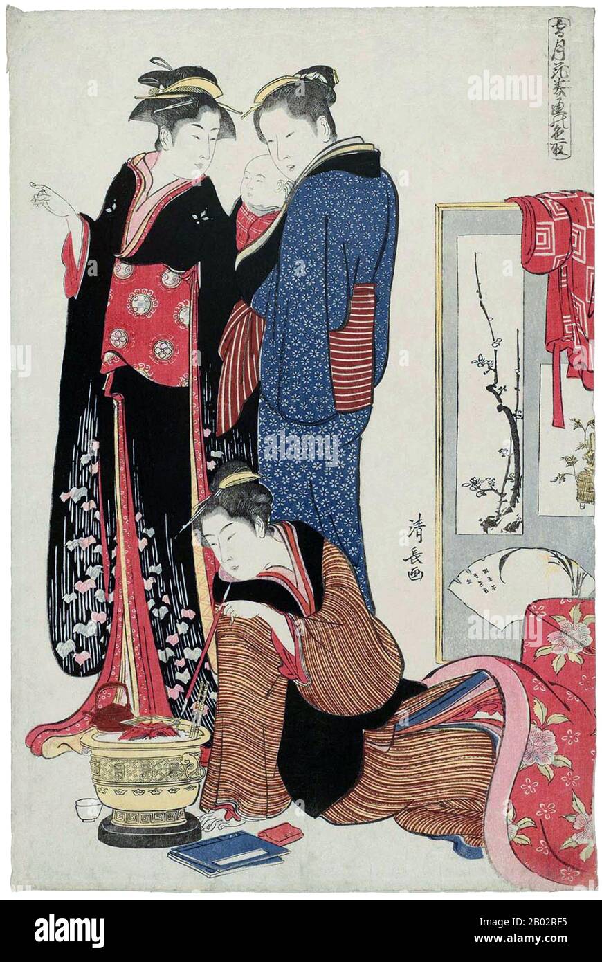 Torii Kiyonaga (鳥居 清長, 1752 - 28. Juni 1815) war ein japanischer Ukiyo-e-Printer und Maler der Torii-Schule. Ursprünglich hatte Sekiguchi Shinsuke, der Sohn eines Edo-Buchhändlers, Torii Kiyonaga als Kunstnamen (gō) übernommen. Obwohl er nicht biologisch mit der Familie Torii verwandt ist, wurde er nach dem Tod seines Adoptivvaters und Lehrers Torii Kiyomitsu Gruppenleiter. Der Meister Kiyomitsu starb im Jahr 1785-858; da sein Sohn jung starb und Kiyotsune, Kiyonagas Senior, ein weniger vielversprechender Künstler war, war Kiyonaga die offensichtliche Wahl, Kiyomitsu als Nachfolger der Leitung der Torii-Schule zu führen. Er dela jedoch Stockfoto