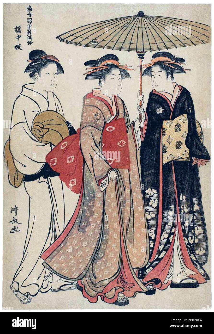Torii Kiyonaga (鳥居 清長, 1752 - 28. Juni 1815) war ein japanischer Ukiyo-e-Printer und Maler der Torii-Schule. Ursprünglich hatte Sekiguchi Shinsuke, der Sohn eines Edo-Buchhändlers, Torii Kiyonaga als Kunstnamen (gō) übernommen. Obwohl er nicht biologisch mit der Familie Torii verwandt ist, wurde er nach dem Tod seines Adoptivvaters und Lehrers Torii Kiyomitsu Gruppenleiter. Der Meister Kiyomitsu starb im Jahr 1785-858; da sein Sohn jung starb und Kiyotsune, Kiyonagas Senior, ein weniger vielversprechender Künstler war, war Kiyonaga die offensichtliche Wahl, Kiyomitsu als Nachfolger der Leitung der Torii-Schule zu führen. Er dela jedoch Stockfoto