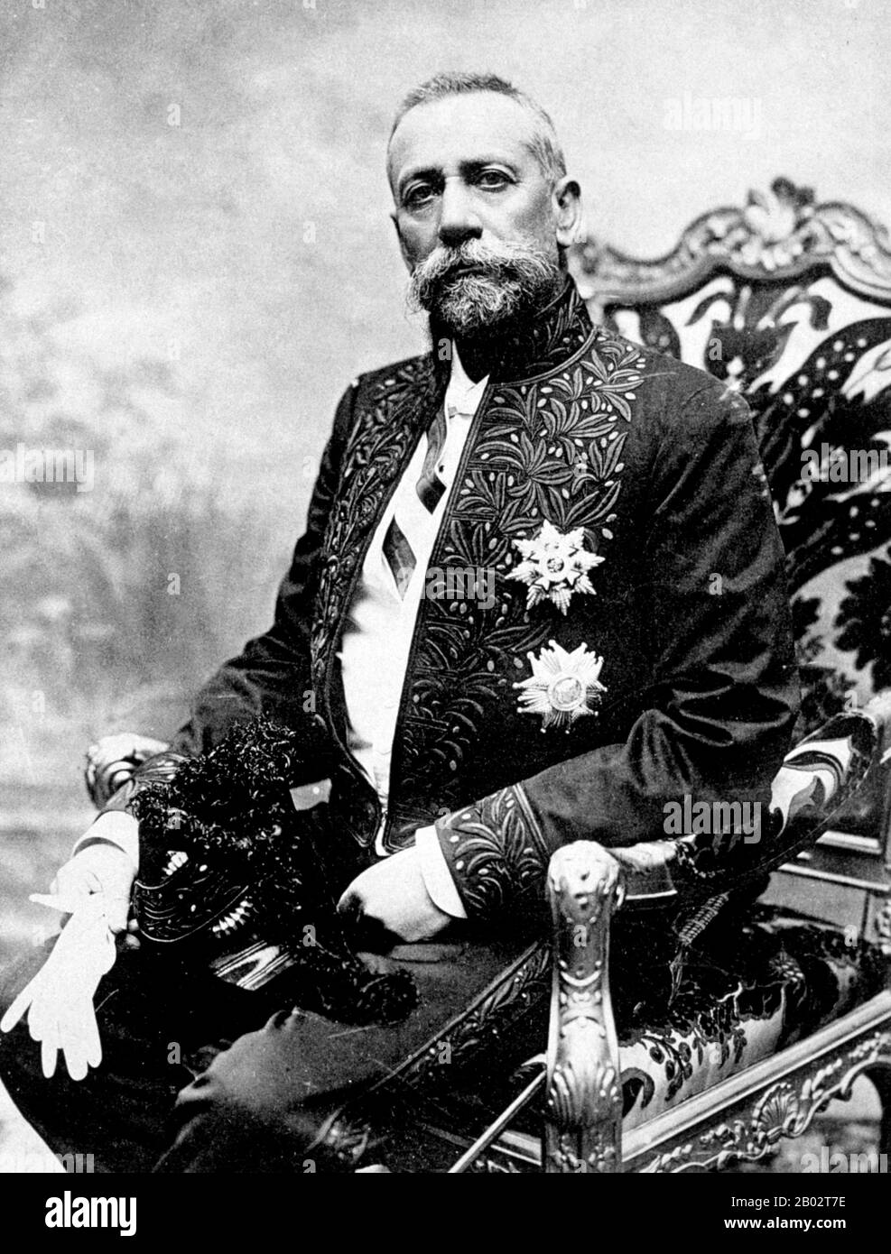 Albert I. (13. November 1848 - 26. Juni 1922) war Fürst von Monaco und Herzog von Valentinois vom 10. September bis zu seinem Tod. Einen Großteil seines Lebens widmete er der Wissenschaft der Ozeanographie. Neben seinen Expeditionen ging es Albert I. darum, Reformen auf politischer, wirtschaftlicher und sozialer Ebene anzugehen und dem Fürstbistum im Jahr 1911 eine Verfassung zu verleihen. Stockfoto