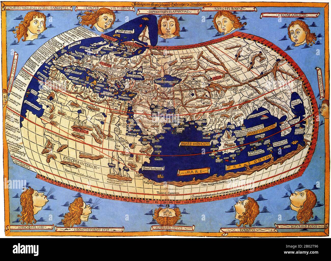 Die Geographie (Griechisch: Γεωγραφικὴ Ὑφήγησις, Geōgraphikḕ Hyphḗgēsis, Lit. "Geographische Führung"), auch bekannt unter seinen lateinischen Namen Geographia und Cosmographia, ist ein Gazeteer, ein Atlas und eine Abhandlung über Kartografie, die die geographischen Kenntnisse des römischen Imperiums des 2. Jahrhunderts zusammenstellt. Das Werk wurde ursprünglich von Polemäus in Griechisch in Alexandria um 150 CE geschrieben und war eine Überarbeitung eines inzwischen verlorenen Atlases durch Marinus von Tyrus unter Verwendung zusätzlicher römischer und persischer Gartenlauben und neuer Prinzipien. Die Übersetzung ins Arabische im 9. Jahrhundert und ins Lateinische im Jahre 1406 war sehr einflussreich für die geographische Sprache Stockfoto