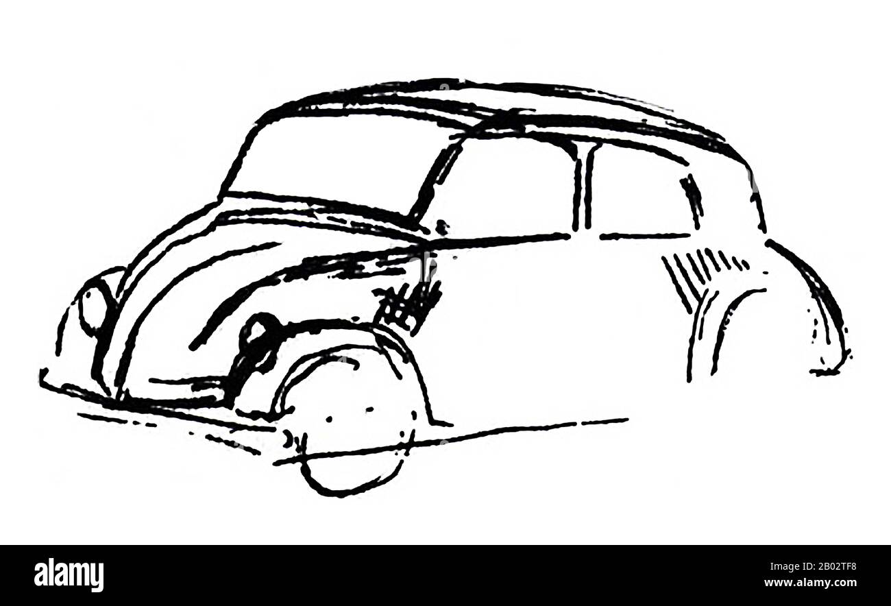 Im Sommer 1932 in München an einem Restauranttisch sitzend, entwarf Hitler den Prototyp für das ungemein erfolgreiche Beetle-Design für Volkswagen. In einer Ära, in der nur die Elite Autos besaß, glaubte Hitler, dass alle Menschen ein Auto besitzen sollten und dachte außerdem, dass ein intelligentes Design Zuverlässigkeit, Genuss und Urlaubsreisen ermöglichen könnte. Der 1938 dem Auto übergebene Name war Kraft durch Fremde (KdF-Wagen, wörtlich 'durch Freudenwagen schlängelvoll'). Hitler gab sein Design dem Chef von Daimler Benz, Jakob Werlin, und betonte seine Bedeutung. "Nimm es mit Witz Stockfoto