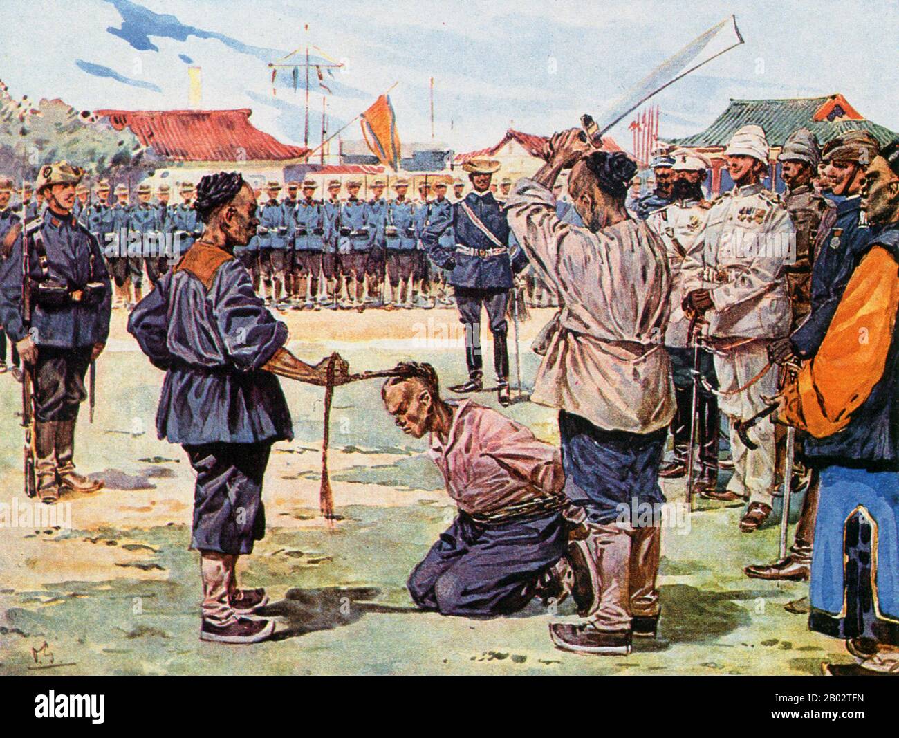Der Boxer Rebellion, auch Boxer-Aufstand oder Yihetuan-Bewegung genannt, war eine proto-nationalistische Bewegung der Righteous Harmony Society in China zwischen 1898 und 1901, die sich dem ausländischen Imperialismus und dem Christentum widersetzte. Der Aufstand fand als Reaktion auf ausländische Einflussbereiche in China statt, wobei die Missstände von Opiumhändlern, politischer Invasion, wirtschaftlichen Manipulationen bis hin zu missionarischer Evangelisation reichten. In China blieb die Stimmung der Bevölkerung gegen ausländische Einflüsse beständig, und die Wut über die "ungleichen Verträge", denen der schwache Qing-Staat nicht widerstehen konnte, stieg. Die Besorgnis wuchs, dass die Missionare Stockfoto