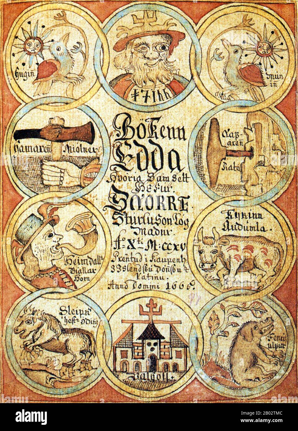 Die Poetische Edda ist eine Sammlung altnordischer Gedichte, die vor allem im isländischen mittelalterlichen Manuskript "Codex-Regius" aufbewahrt werden. Zusammen mit Snorri Sturlusons Prosa Edda ist die Poetische Edda die wichtigste erweiterte Quelle zur nordischen Mythenwelt und zu den heroischen Legenden der Germanen. Stockfoto