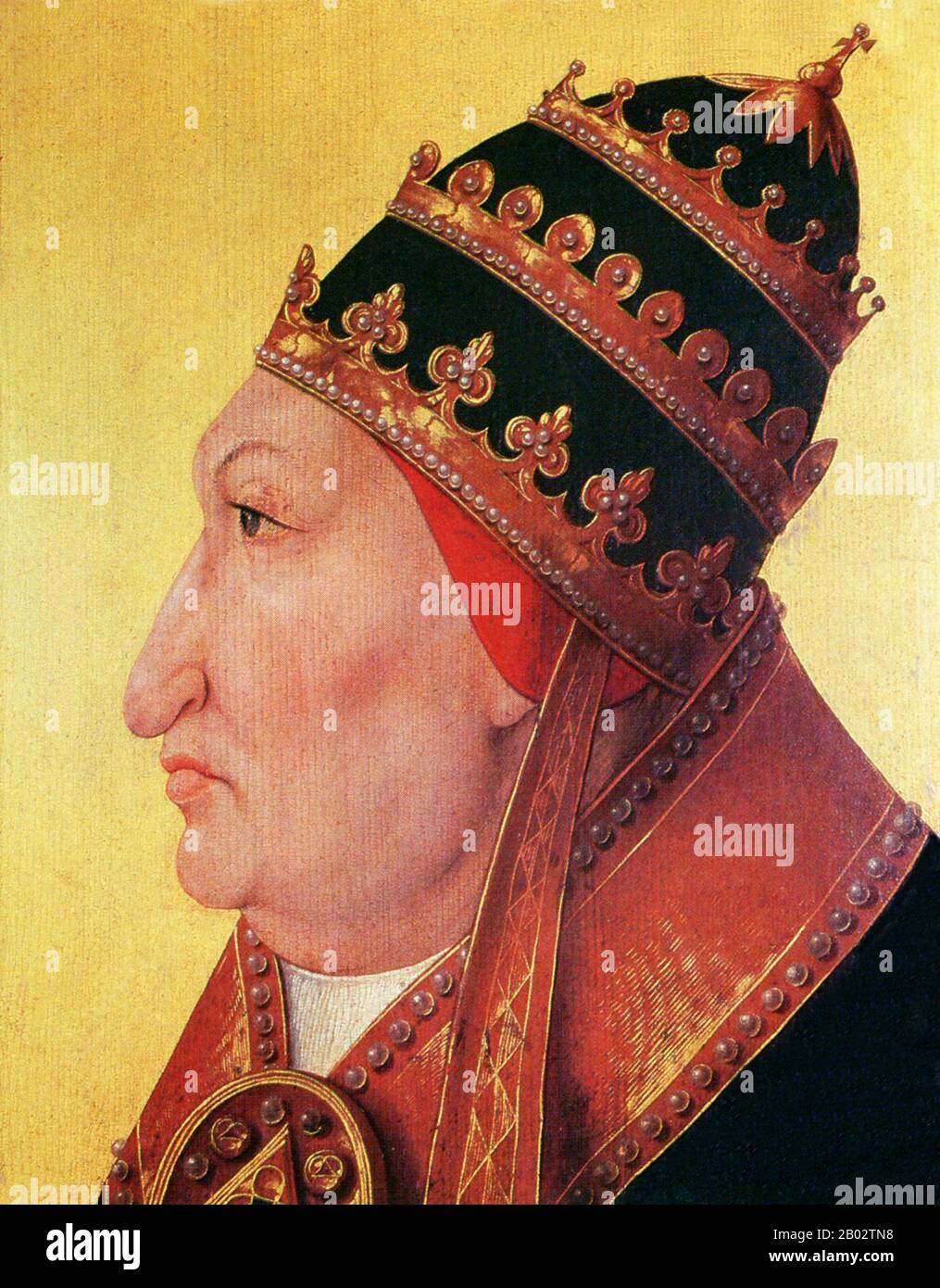 Papst Alexander VI., geborene Roderic Llançol i. de Borja (1. Januar 1431 - 18. August 1503), war vom 11. August 1492 bis zu seinem Tod Papst. Er ist der umstrittenste der Renaissance-Päpste, weil er das priesterliche Gelübde des Zölibats brach und mehrere legitim anerkannte Kinder hatte. Daher wurde sein italianisierter valencianischer Familienname Borgia zum Schlagwort für Libertinismus und Vetternwirtschaft, die traditionell als Charakterisierung seines Pontifikats gelten. Zwei der Nachfolger Alexanders, Sixtus V. und Urban VIII., bezeichneten ihn jedoch als einen der herausragendsten Päpste seit St. Peter. Stockfoto