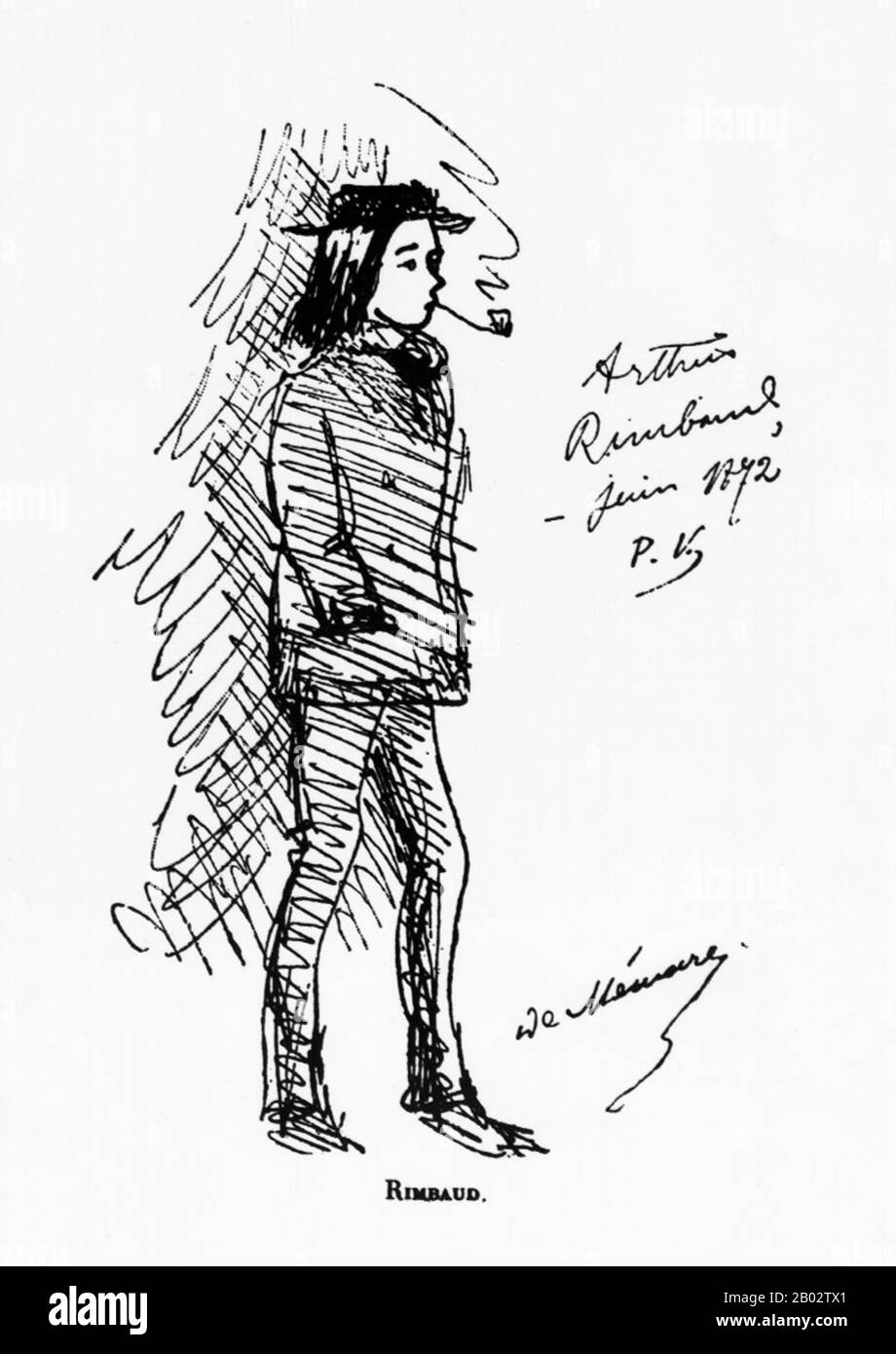 Jean Nicolas Arthur Rimbaud (* 20. Oktober 1854 in Charleville, Ardennes; † 10. November 1891) war ein französischer Dichter. Er prägte die moderne Literatur und Kunst, inspirierte verschiedene Musiker und präfigurierte den Surrealismus. Er begann schon in jungen Jahren mit dem Schreiben von Gedichten, während er noch in der Grundschule war, und hielt vollständig an, bevor er 21 wurde. Er war in seinen Teenagern meist kreativ. Rimbaud war bekannt, dass er ein Libertine war und eine unruhige Seele war. Kurz nach seinem siebenunddreißigsten Geburtstag reiste er vor seinem Tod an Krebs ausgiebig auf drei Kontinenten. Stockfoto
