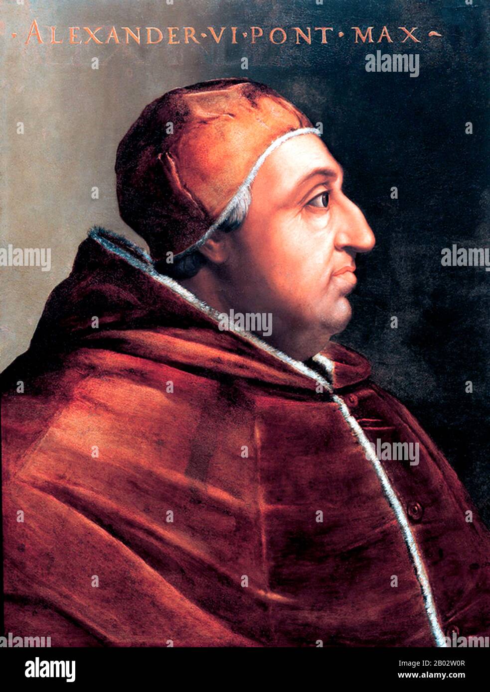 Papst Alexander VI., geborene Roderic Llançol i. de Borja (1. Januar 1431 - 18. August 1503), war vom 11. August 1492 bis zu seinem Tod Papst. Er ist der umstrittenste der Renaissance-Päpste, weil er das priesterliche Gelübde des Zölibats brach und mehrere legitim anerkannte Kinder hatte. Daher wurde sein italianisierter valencianischer Familienname Borgia zum Schlagwort für Libertinismus und Vetternwirtschaft, die traditionell als Charakterisierung seines Pontifikats gelten. Zwei der Nachfolger Alexanders, Sixtus V. und Urban VIII., bezeichneten ihn jedoch als einen der herausragendsten Päpste seit St. Peter. Stockfoto