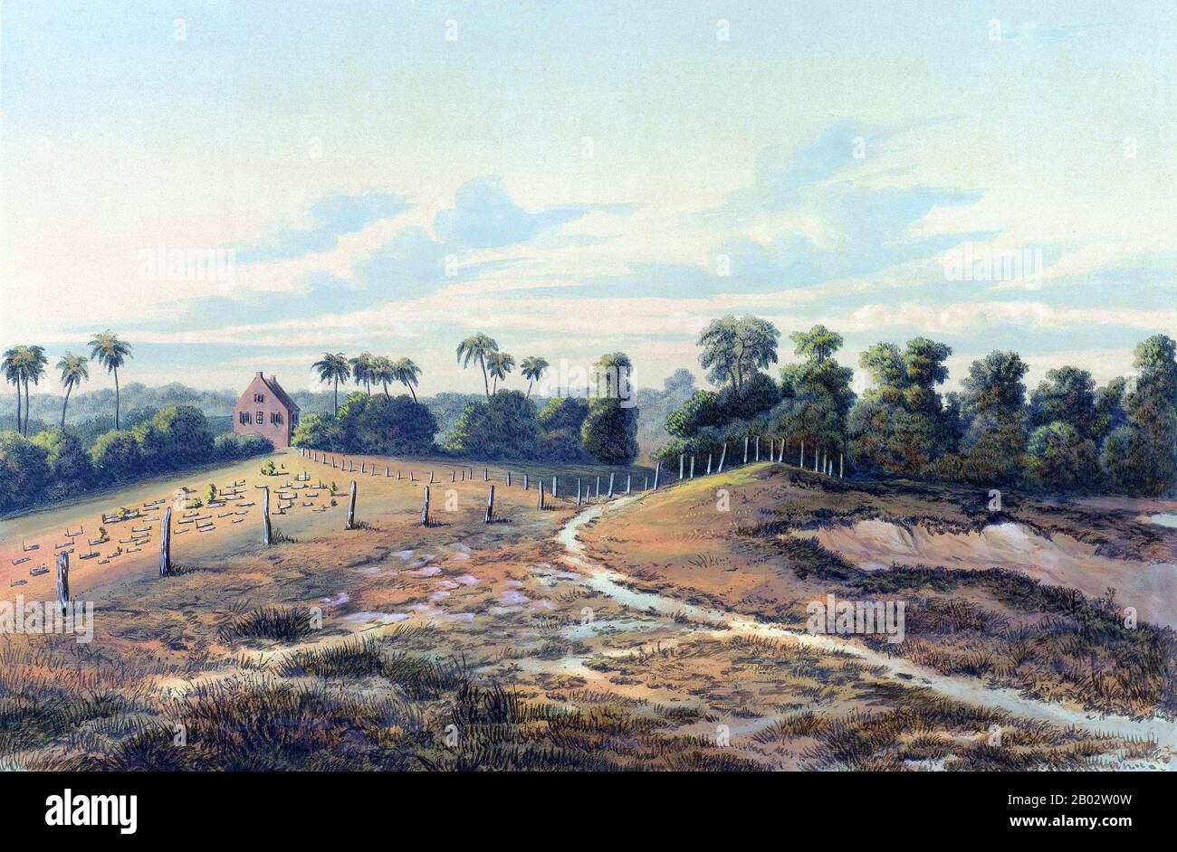 Jodensavanne (niederländisch, "Jewish Savanna") war ein Versuch, ein autonomes jüdischer Territorium in Suriname, Südamerika, zu errichten. Jodensavanne liegt im Para District, etwa 50 km südlich der Hauptstadt Paramaribo, am Suriname River. 1639 erlaubte die englische Regierung Sephardi-Juden aus den Niederlanden, Portugal und Italien, die Region zu siedeln und kam in die alte Hauptstadt Torarica. Im Jahr 1652 kam eine neue Gruppe, die unter der Führung von Lord Willoughby einwanderte, nach Suriname und ließ sich im Gebiet Jodensavanne nieder. Eine dritte Gruppe kam 1664, nach ihrer Ausweisung aus Brasilien und dann Stockfoto