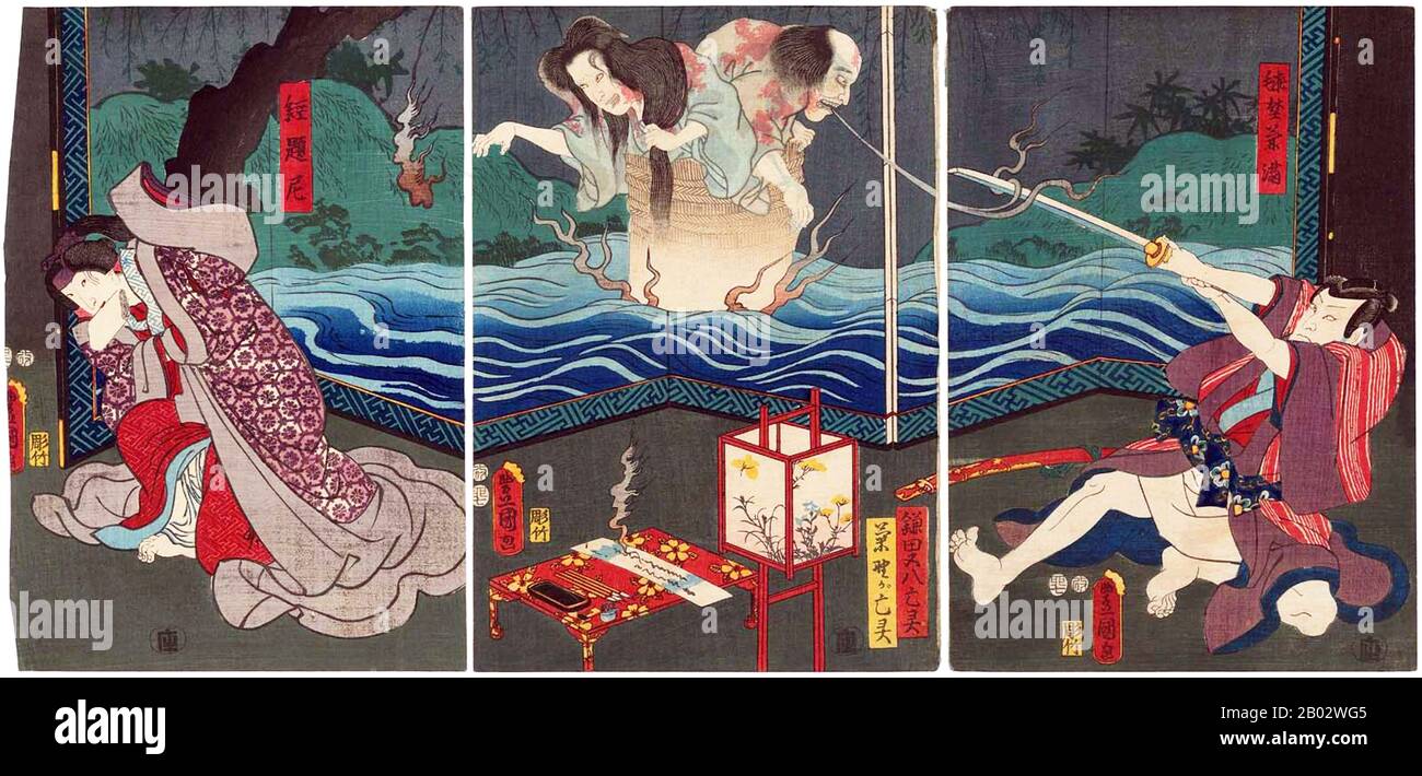 Utagawa Kunisada (auch Utagawa Toyokuni III) war der beliebteste, produktivste und finanziell erfolgreichste Designer von Ukiyo-e-Holzholzdrucken im Japan des 19. Jahrhunderts. In seiner eigenen Zeit übertraf sein Ruf bei weitem das seiner Altersgenossen Hokusai, Hiroshige und Kuniyoshi. Stockfoto