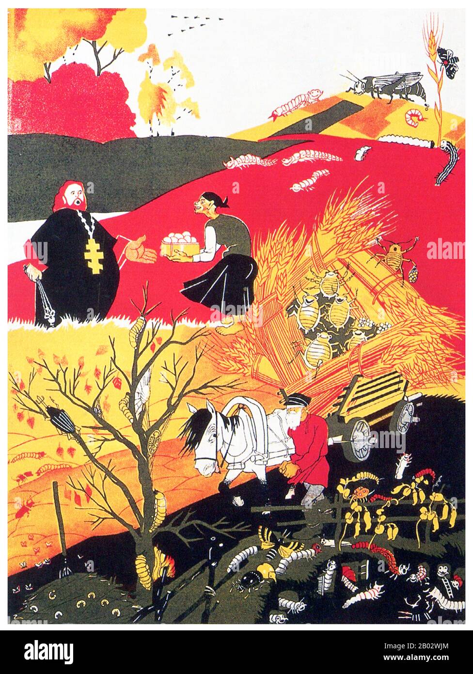 Kulaken waren eine Kategorie relativ wohlhabender Bauern im späteren Russischen Reich, Sowjetrussland und in der frühen Sowjetunion. Das Wort Kulak bezog sich ursprünglich auf unabhängige Bauern im Russischen Reich, die aus der Bauernschaft hervorgingen und nach der 1906 begonnenen Stolypin-Reform wohlhabend wurden. Das Etikett von Kulak wurde 1918 erweitert, um alle Bauern einzubeziehen, die sich widersetzten, ihr Getreide an Ablösungen aus Moskau zu übergeben. Nach der politischen Theorie des Marxismus-Leninismus Anfang des 20. Jahrhunderts waren die Kulaken Klassenfeinde der ärmeren Bauern. Wladimir Iljich Lenin beschreiben Stockfoto