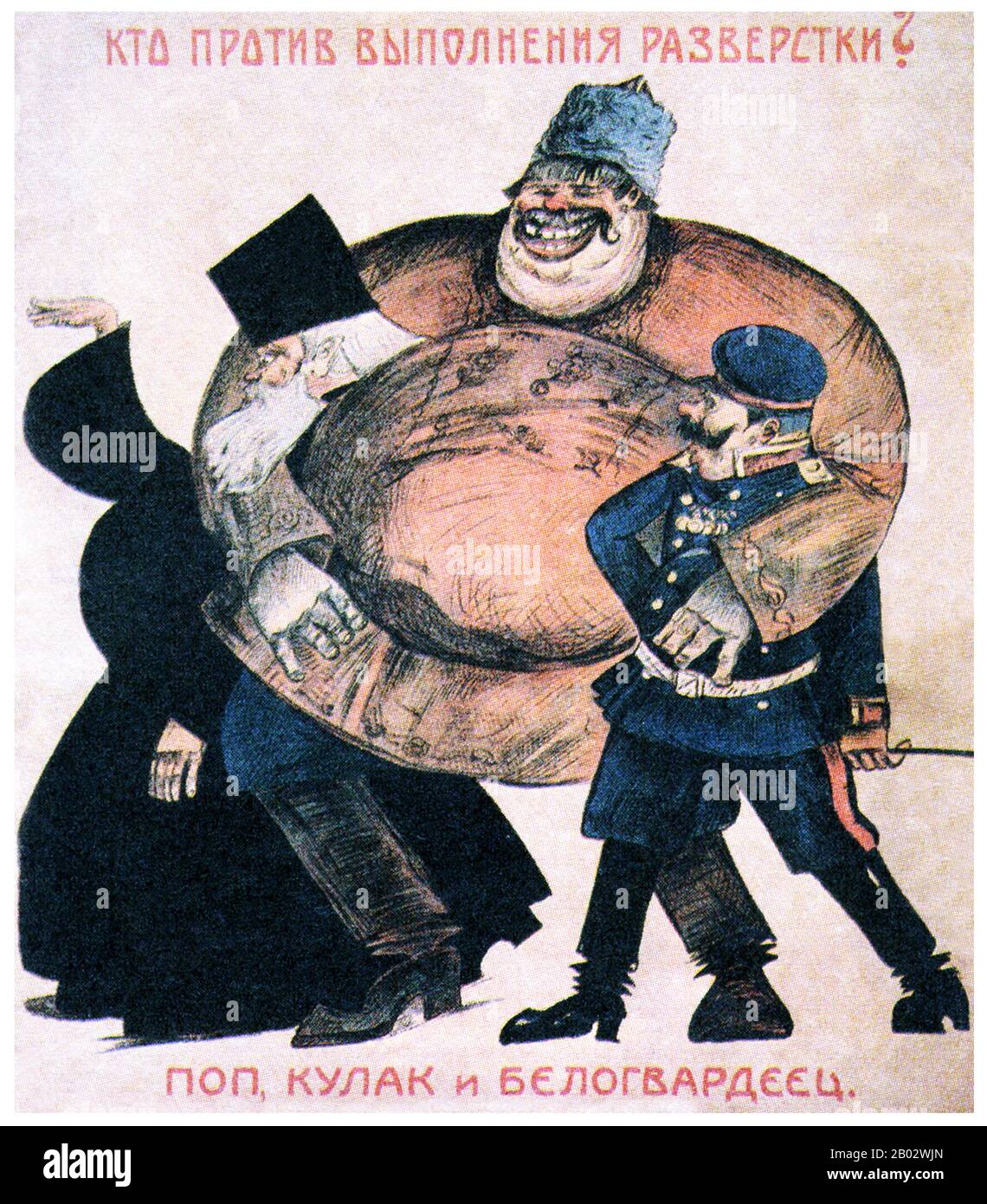 Kulaken waren eine Kategorie relativ wohlhabender Bauern im späteren Russischen Reich, Sowjetrussland und in der frühen Sowjetunion. Das Wort Kulak bezog sich ursprünglich auf unabhängige Bauern im Russischen Reich, die aus der Bauernschaft hervorgingen und nach der 1906 begonnenen Stolypin-Reform wohlhabend wurden. Das Etikett von Kulak wurde 1918 erweitert, um alle Bauern einzubeziehen, die sich widersetzten, ihr Getreide an Ablösungen aus Moskau zu übergeben. Nach der politischen Theorie des Marxismus-Leninismus Anfang des 20. Jahrhunderts waren die Kulaken Klassenfeinde der ärmeren Bauern. Wladimir Iljich Lenin beschreiben Stockfoto