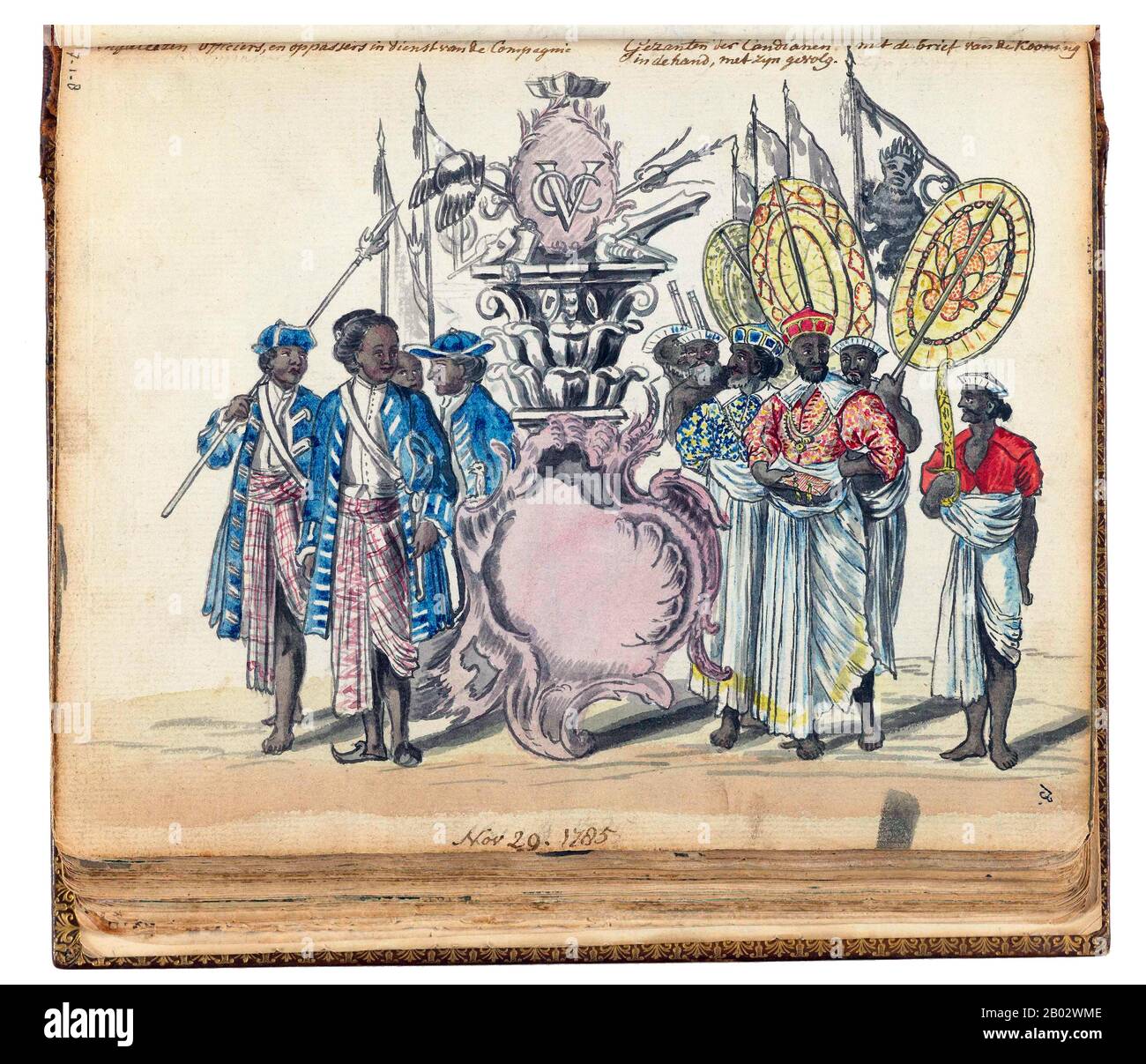 Die Niederländische Ostindien-Gesellschaft (VOC) wurde 1602 gegründet, um in den Ostindien (Indonesien) für die Niederländer im lukrativen Gewürzhandel Fuß zu fassen, der bis dahin von den Portugiesen dominiert wurde. Es war eine gecharterte Gesellschaft, die von der niederländischen Regierung das Monopol zur Durchführung kolonialer Aktivitäten in Asien erhielt, einschließlich der Gründung von Kolonien in Ceylon (Sri Lanka) und Indien. Stockfoto