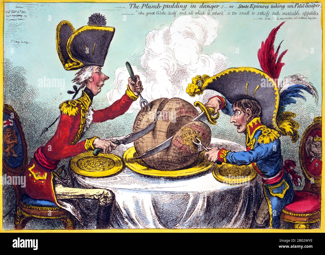 William Pitt, der eine Regimentsuniform und einen Hut trägt, sitzt mit Napoleon an einem Tisch. Sie schnitzen jeweils einen großen Pflaumenpudding, auf dem sich eine Weltkarte befindet. Pitts Scheibe ist deutlich größer als die von Napoleon. Der neue Kaiser und sein Gegner der englische Minister helfen sich selbst - einer nimmt das Land, der andere das Meer. Über die vom neuen Kaiser im Januar 1805 für eine Versöhnung mit England gemachten Überläufer. Stockfoto
