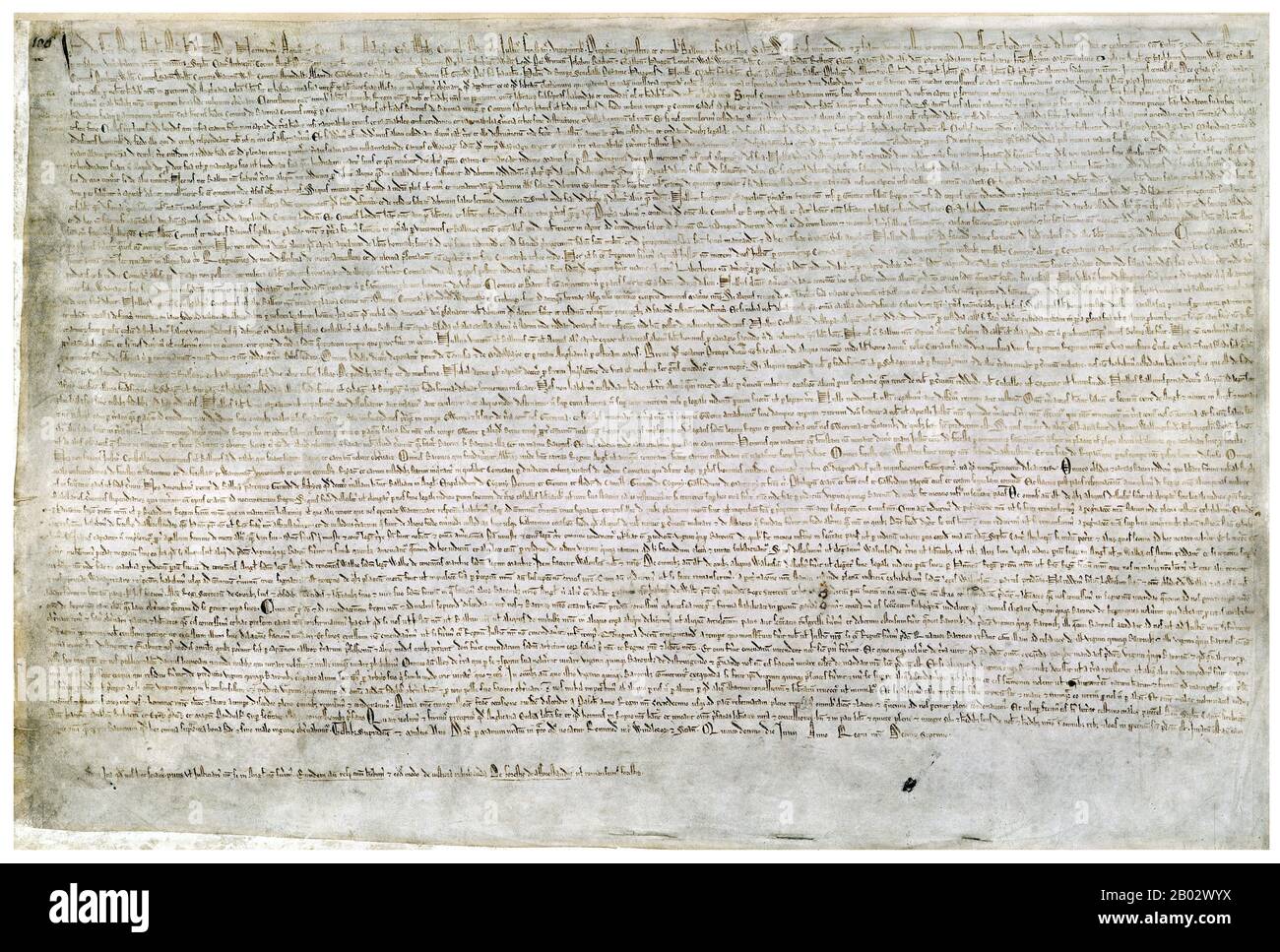 Magna Carta (lat. Für "die Große Charta"), auch Magna Carta Libertatum (lat. Für "die Große Charta der Freiheiten") genannt, ist eine Charta, die König Johannes von England am 15. Juni 1215 in Runnymede in der Nähe von Windsor vereinbart hat. Sie wurde vom Erzbischof von Canterbury entworfen, um Frieden zwischen dem unbeliebten König und einer Gruppe von Rebellenbaronen zu schließen, und versprach den Schutz der Kirchenrechte, den Schutz der Barone vor illegaler Haft, den Zugang zu schneller Justiz, Und Einschränkungen der feudalen Zahlungen an die Krone, die durch einen rat von 25 Baronen umgesetzt werden sollen. Stockfoto