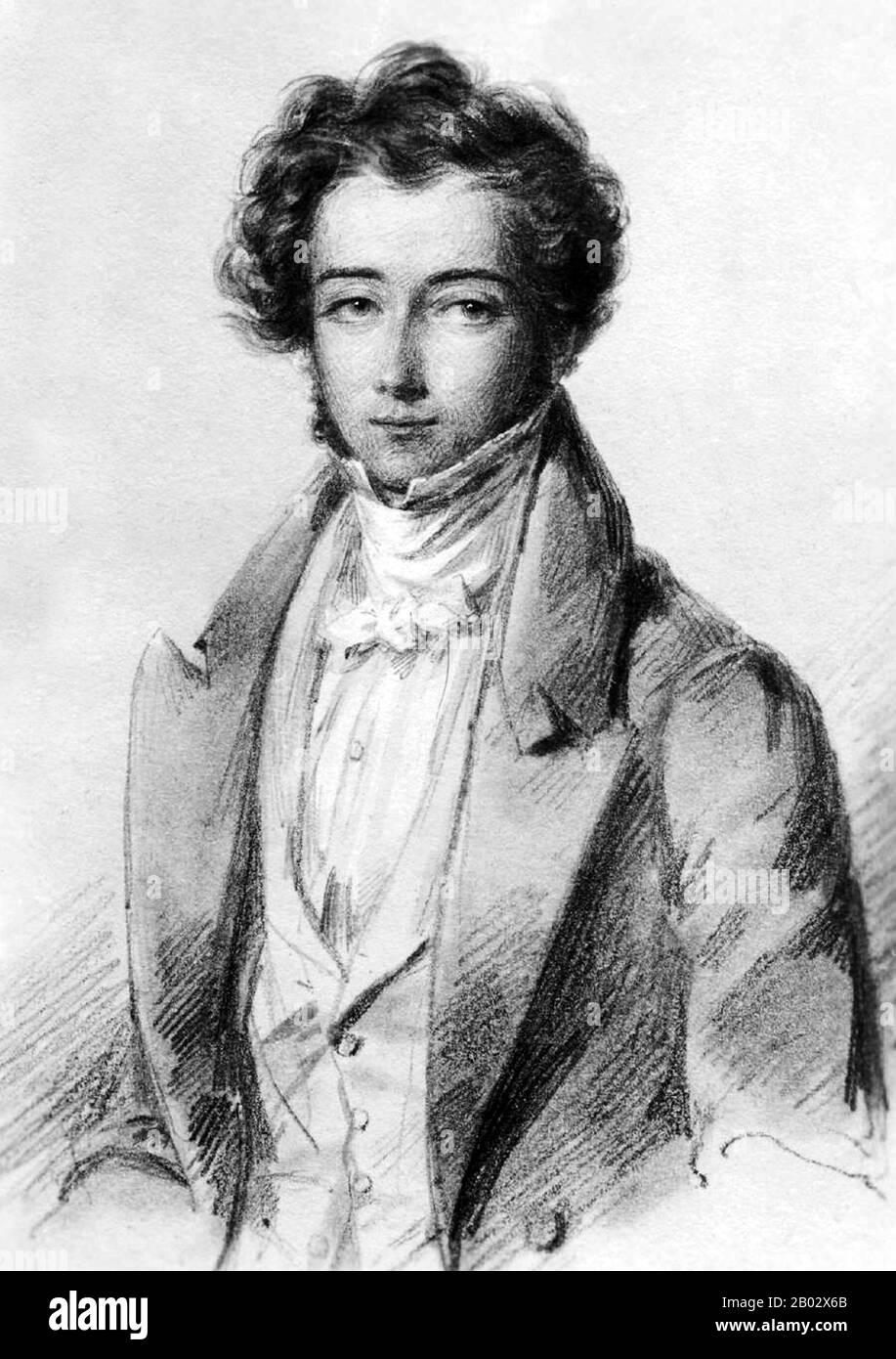 Alexis-Charles-Henri Clérel de Tocqueville (29. Juli 1805 - 16. April 1859) war ein französischer politischer Denker und Historiker, der vor allem für seine Werke Demokratie in Amerika (erschienen in zwei Bänden: In den Jahren von 1865 und 1840) und Das Alte Regime und die Revolution (1856) bekannt ist. In beiden analysierte er den verbesserten Lebensstandard und die sozialen Bedingungen von Einzelpersonen sowie deren Verhältnis zu Markt und Staat in westlichen Gesellschaften. Demokratie in Amerika wurde nach Tocquevilles Reisen in die Vereinigten Staaten veröffentlicht und gilt heute als Frühwerk der Soziologie und der Politikwissenschaft. Tocqueville w Stockfoto