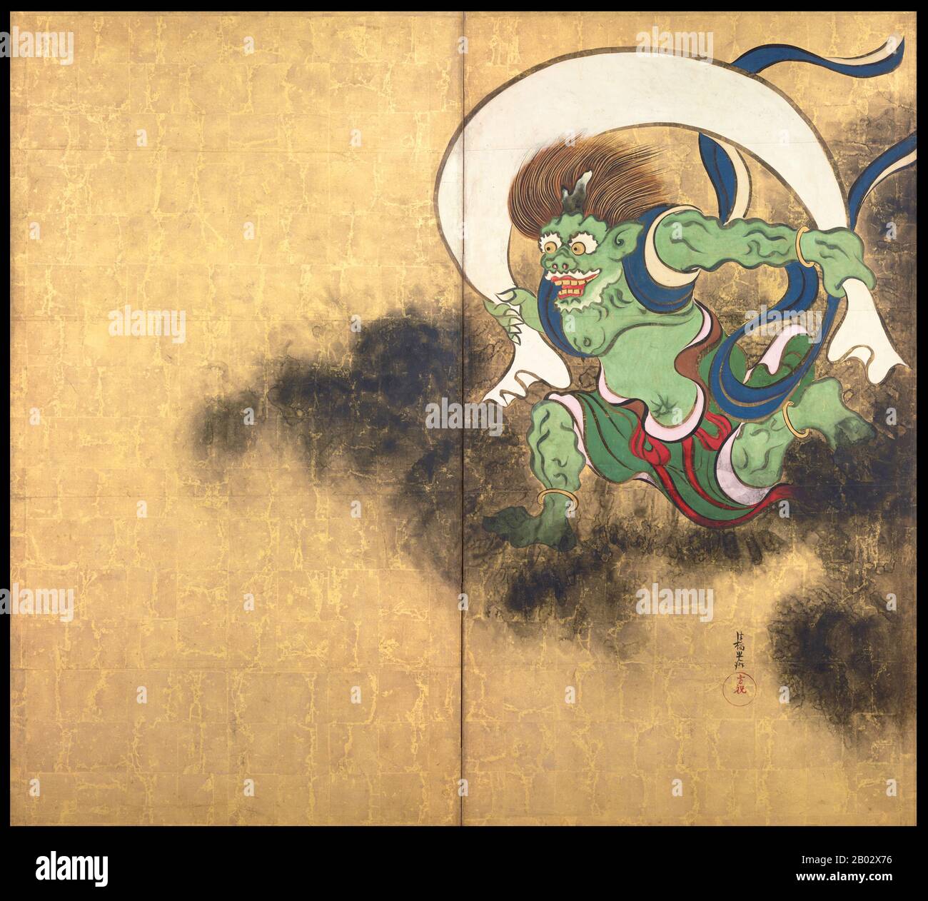 Fujin oder Futen ist der japanische windgott und einer der ältesten Shinto-Götter. Er wird allgemein als erschreckender assistentenähnlicher Dämon dargestellt, der einen großen Beutel mit Winden auf seinen Schultern trägt. In der japanischen Kunst wird die Gottheit oft zusammen mit Raijin, dem gott der Blitze, Donner und Unwetter, dargestellt. Ogata Kōrin (1658 - 2. Juni 1716) war ein japanischer Maler der Rinpa-Schule. Er wurde in Kyoto geboren, einem reichen Händler, der einen Geschmack für die Künste hatte. Korin studierte auch unter Soken Yamamoto, der Kano-Schule, Tsunenobu und Gukei Sumiyoshi und wurde stark von seinen Vorgängern Hon'ami Kōet beeinflusst Stockfoto