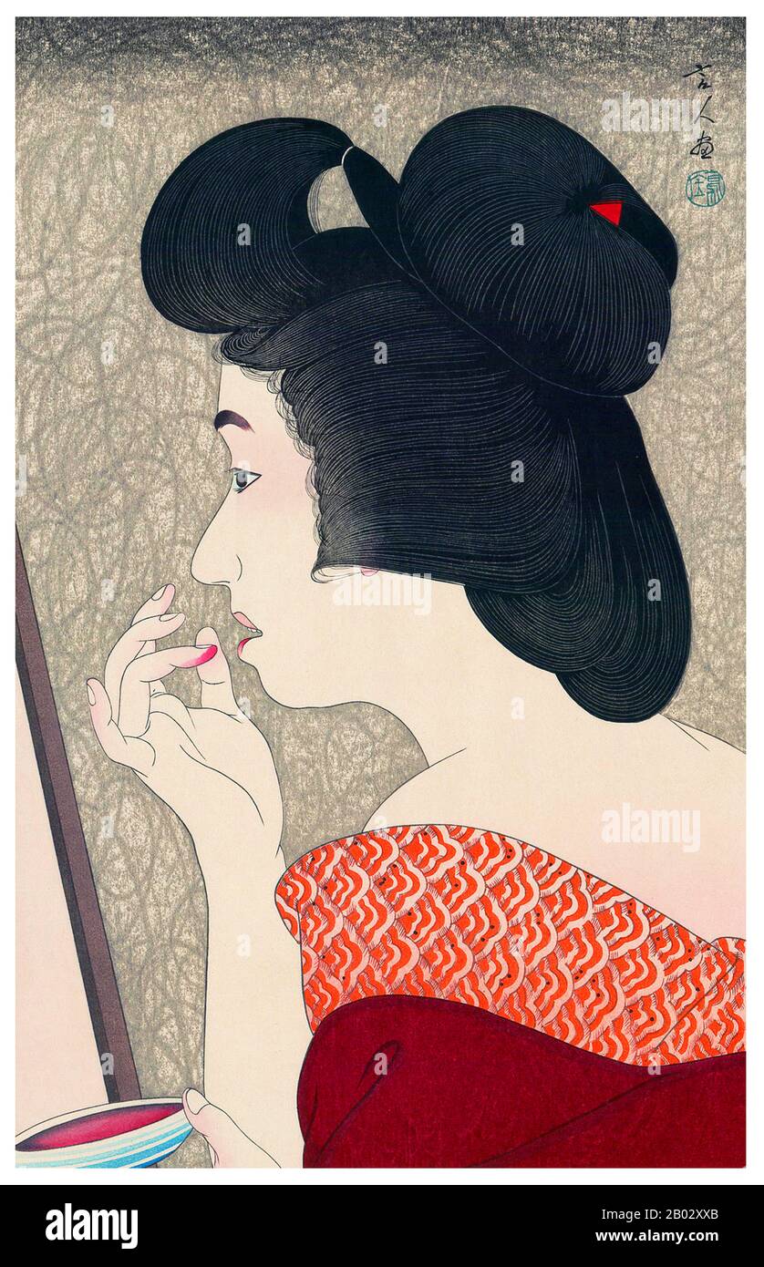 Torii Kotondo hat bekanntermaßen nur 21 Drucke gemacht - allesamt Bilder von Bijin oder schönen Frauen. Sie gehören zu den besten Kunstwerken der Shin Hanga Bewegung. Shin hanga ("neue Drucke") war eine Kunstbewegung im Japan des frühen 20. Jahrhunderts während der Taisho- und Showa-Zeit, die die traditionelle ukiyo-e-Kunst, die in der Edo- und Meiji-Zeit (17. Bis 19. Jahrhundert) verwurzelt war, revitalisierte. Die Bewegung florierte von etwa von 1915 bis 1942, obwohl sie von 1946 bis in die 1950er Jahre kurzzeitig wieder aufgenommen wurde. Inspiriert vom europäischen Impressionismus haben die Künstler westliche Elemente wie die Auswirkungen des Lichts und des integriert Stockfoto