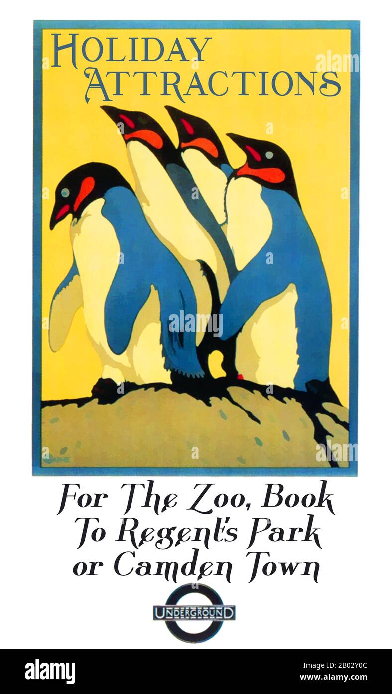 England / Großbritannien: 'Ferienattraktionen - für den Zoo, Buchen Sie Regent's Park oder Camden Town', von Charles Paine (1895 - 1967), Underground Electric Railway Company, London, 1921The London Underground (also known as the Tube or Simply the Underground) Ist ein öffentliches Nahverkehrssystem, das einen großen Teil des Großraums London und Teile der Heimatbezirke Buckinghamshire, Hertfordshire und Essex bedient. Das System bedient 270 Stationen und verfügt über 402 Kilometer (250 Meilen) Strecke, von denen 52% über dem Boden liegen. Das Streckennetz ist das älteste S-Bahn-System mit der weltweit ersten U-Bahn. Stockfoto