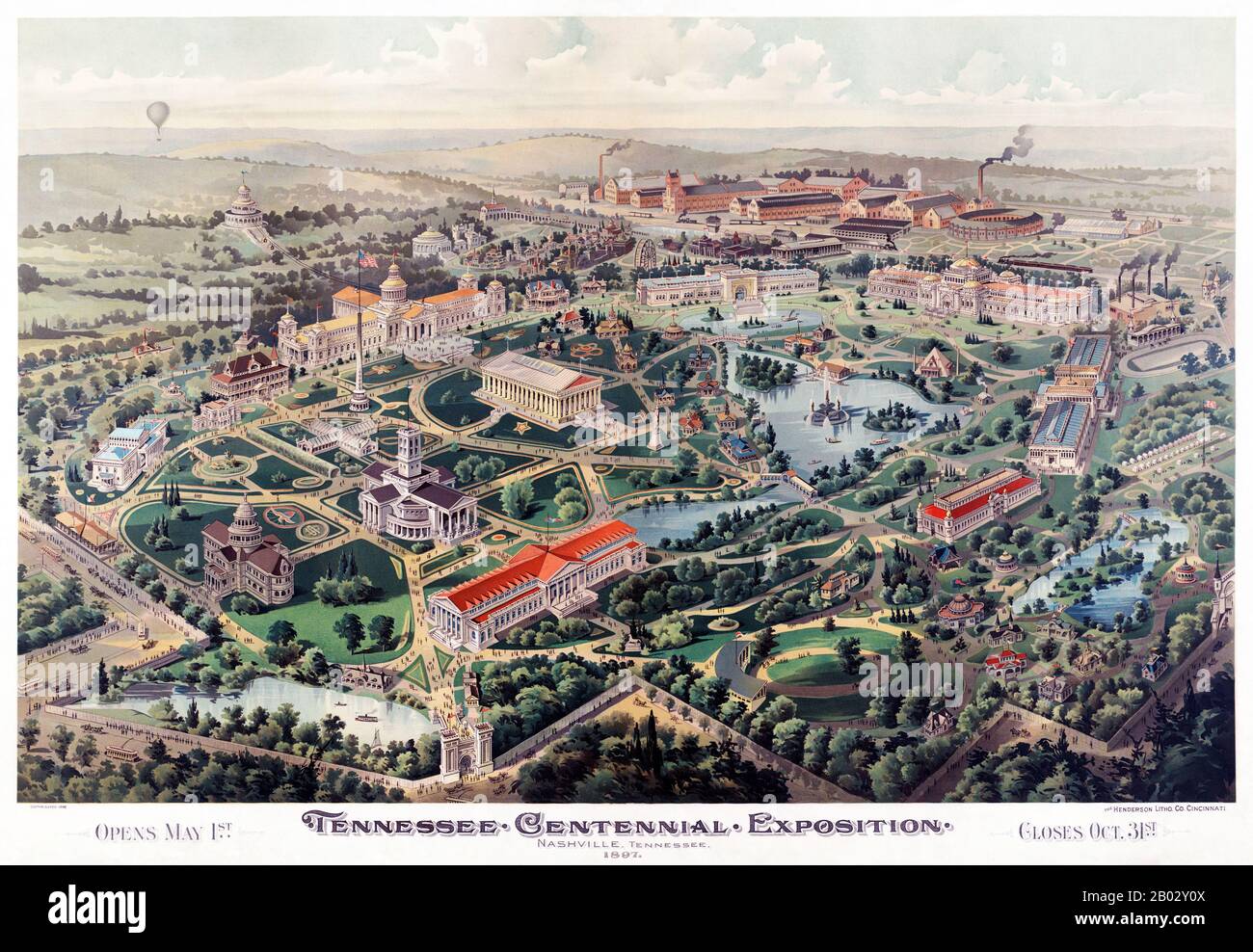 Ein Luftbild der Tennessee Centennial and International Exposition, eine Feier zum 100. Jahrestag des Eintritts von Tennessee in die Vereinigten Staaten vom 1. Mai bis zum 31. Oktober 1897 im heutigen Centennial Park in Nashville. Es wurden verschiedene Exponate veranstaltet. Die Gastgeberstadt baute zum Beispiel einen vollständigen Nachbau des griechischen Parthenon, während Memphis eine große Pyramide konstruierte. Stockfoto