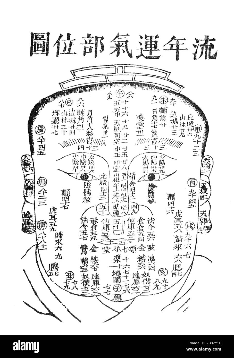 Das Gesichtslesen ist eines der ältesten Hilfsmittel, das für die Diagnose in der chinesischen Medizin verwendet wird. Da das Palpieren des Körpers nicht üblich war, insbesondere bei der Behandlung von Frauen, wurde das Gesicht zu einem der einfachsten Orte, um auf die Zeichen der inneren Organfunktion zuzugreifen. In der ältesten bisher entdeckten Akupunkturhandschrift stellte Dr. Paul Unschuld aus Deutschland fest, dass es sich bei der ersten Seite dieser Handschrift um eine Gesichtskarte mit 150 Altersstellen handelte, während die zweite Seite ein Diagramm der Gesichtsmeridiane war. Dieselbe Gesichtskarte wird auch heute noch verwendet und wird verwendet, um das Alter bei Trauma zu finden Stockfoto