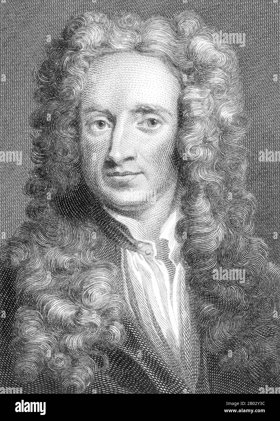 Sir Isaac Newton PRS MP (25. Dezember 1642 - 20. März 1726) war ein englischer Physiker und Mathematikhistoriker (an seinem Tag als "Naturphilologe" beschrieben), der weithin als einer der einflussreichsten Wissenschaftler aller Zeiten und als Schlüsselfigur der wissenschaftlichen Revolution anerkannt ist. Sein 1687 erstmals veröffentlichtes Buch "Philosophiae Naturalis Principia Mathematica" ('Mathematische Prinzipien der Naturphilologie') legte den Grundstein für die klassische Mechanik. Newton leistete bahnbrechende Beiträge zur Optik, und er teilt sich das Verdienst von "Gottfrieds" für die Entwicklung von Kalkülen. Stockfoto