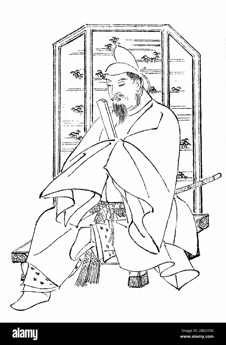 Sugawara no Michizane (1. August 845 - 26. März 903), auch Kan Shojo oder Kanke genannt, war ein Gelehrter, Dichter und Politiker der Heian-Zeit Japans. Er gilt insbesondere in der chinesischen Dichtung als versierter Dichter und wird heute als Gott des Lernens, Tenman-Tenjin, oft verkürzt zu Tenjin, verehrt. Er wurde in den 890er Jahren zum Botschafter in China ernannt, trat aber stattdessen 894 wegen des Niedergangs der Tang-Dynastie zur Abschaffung der kaiserlichen Botschaften nach China aus. Stockfoto