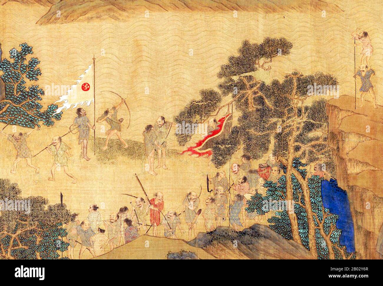 In den abschwellenden Jahren der Yuan-Dynastie (1279-1368) überfielen Wokou (japanische Piraten) mit zunehmender Regelmäßigkeit die Küstenprovinzen Ostchinas. Trotz der Niederlage in Shandong 1363 setzten sich die regierenden Parteien fort und drängten noch weiter nach Süden entlang der Küste in die Provinz Fujian. Die Schriftrolle zeigt in ihrer Gesamtheit eine Gruppe japanischer Piraten, die in einer Küstengemeinde landen, lokale Residenzen aufsuchen und überfallen, die Flucht von Flüchtlingen und die Reaktion der Ming-Truppen, die das Gebiet in einer angespannten Schlacht auf dem Wasser verteidigen. Stockfoto